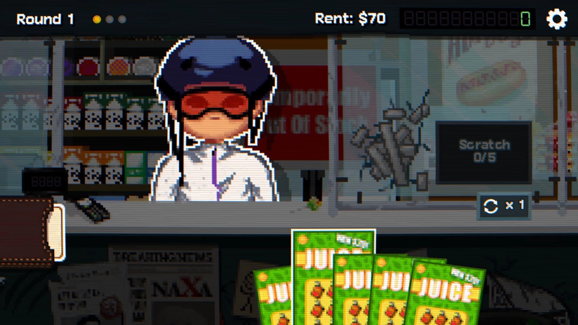 Scratch Off!: Clerk at store counter with scratch card grid and Rent $70 HUD in Round 1 shop scene.