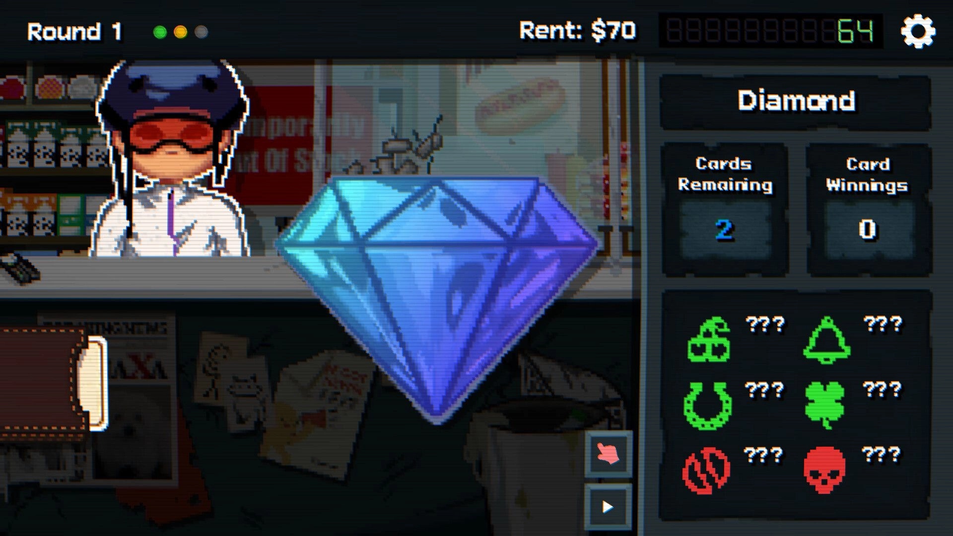 Scratch Off!: Diamond scratch card revealed beside masked clerk, round 1 UI with rent $70 and 64 coins.