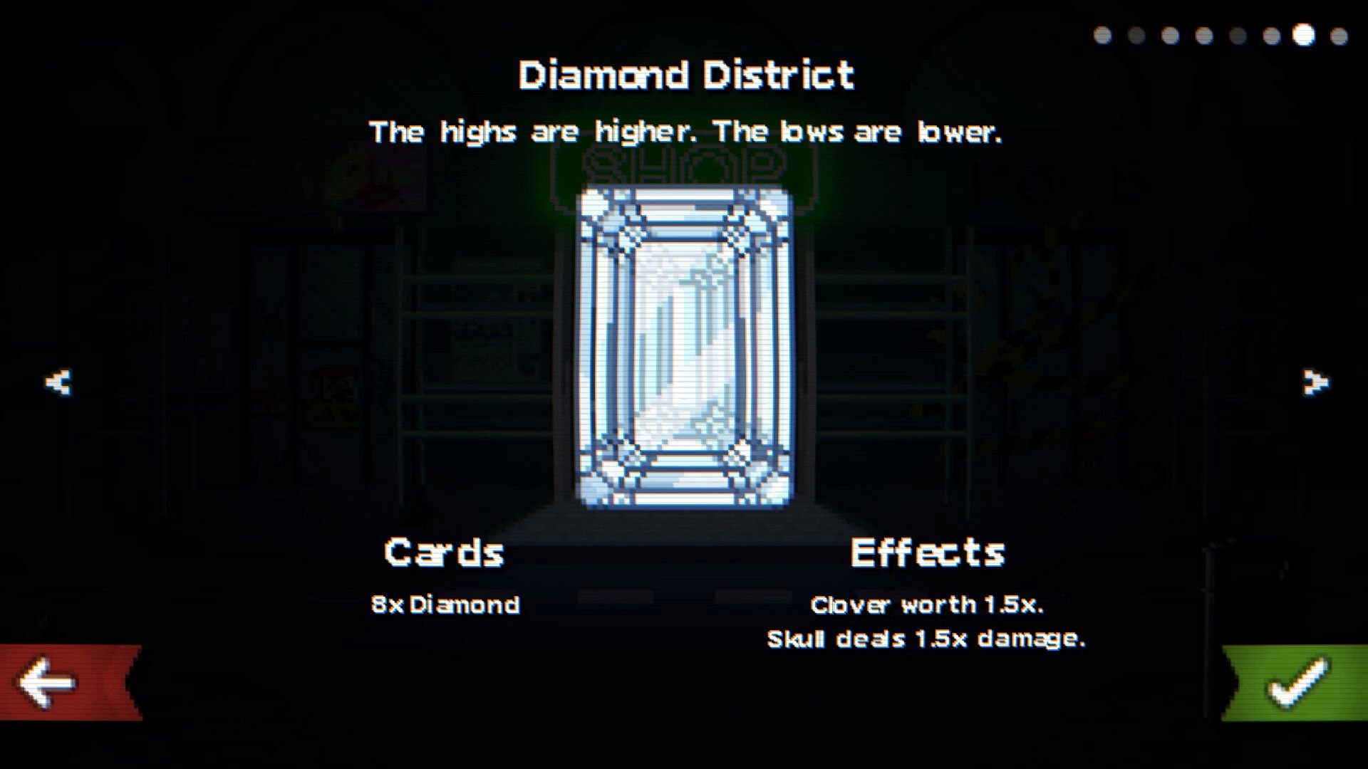 Scratch Off!: Diamond District shop card preview with giant gem, card count and effects listed UI.