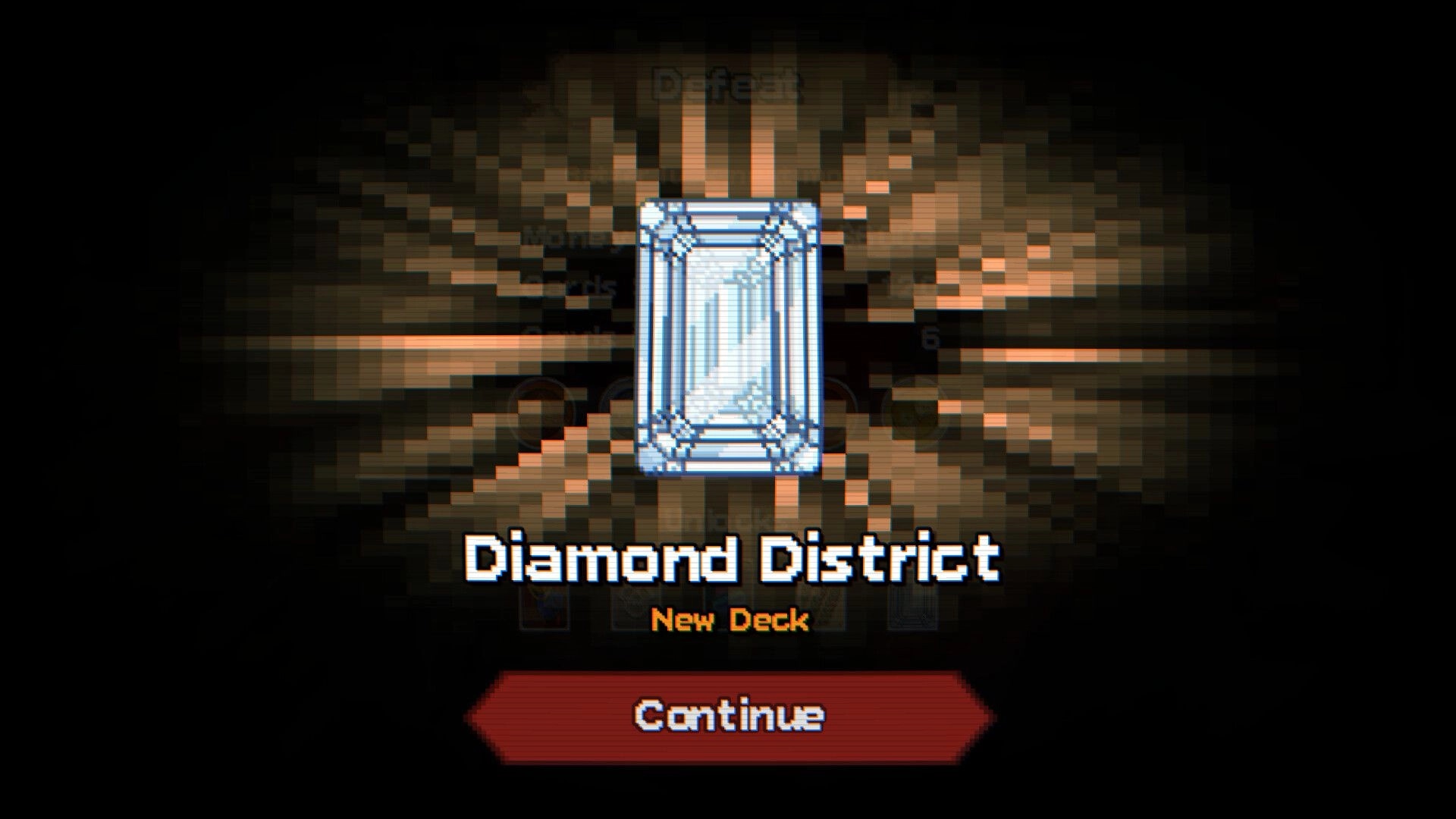 Scratch Off!: Diamond District new deck reward screen with large gem icon and Continue button below.