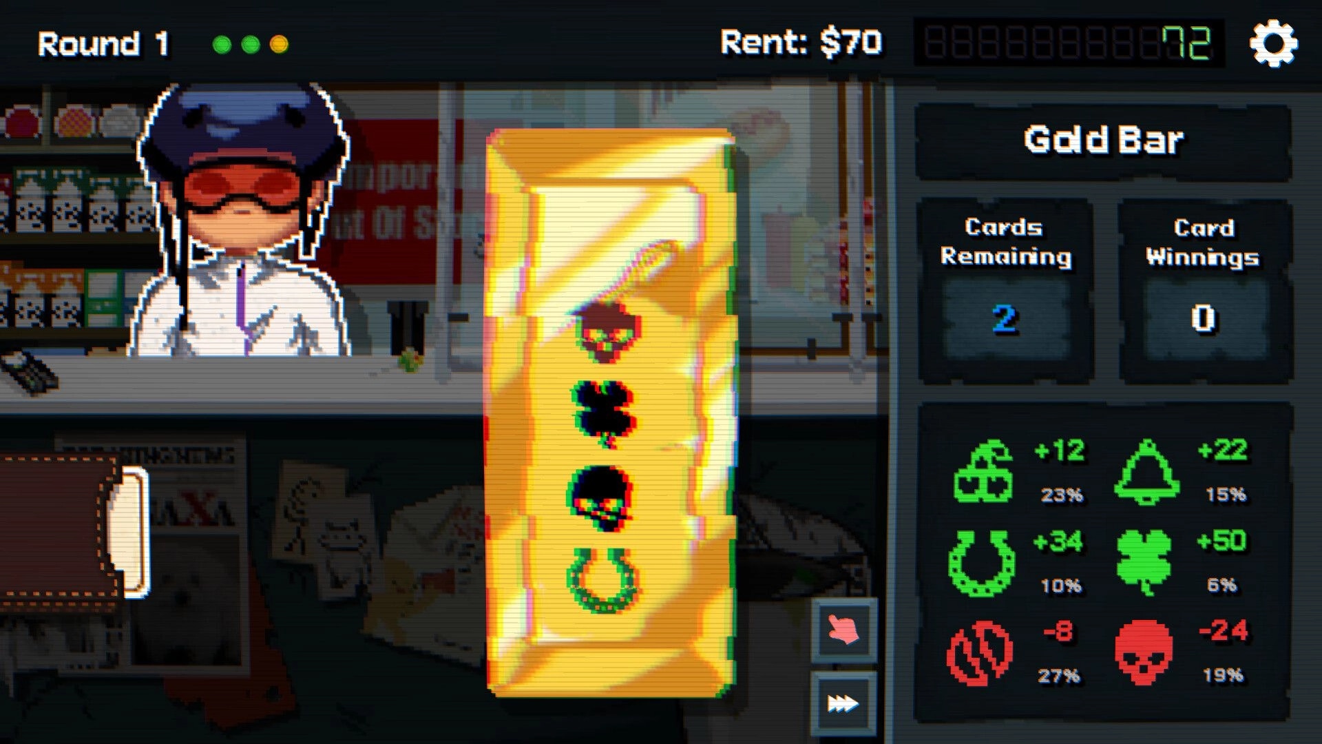 Scratch Off!: Scratching a gold card at the Odd Bar, with rent $70 and odds panel showing bonuses.
