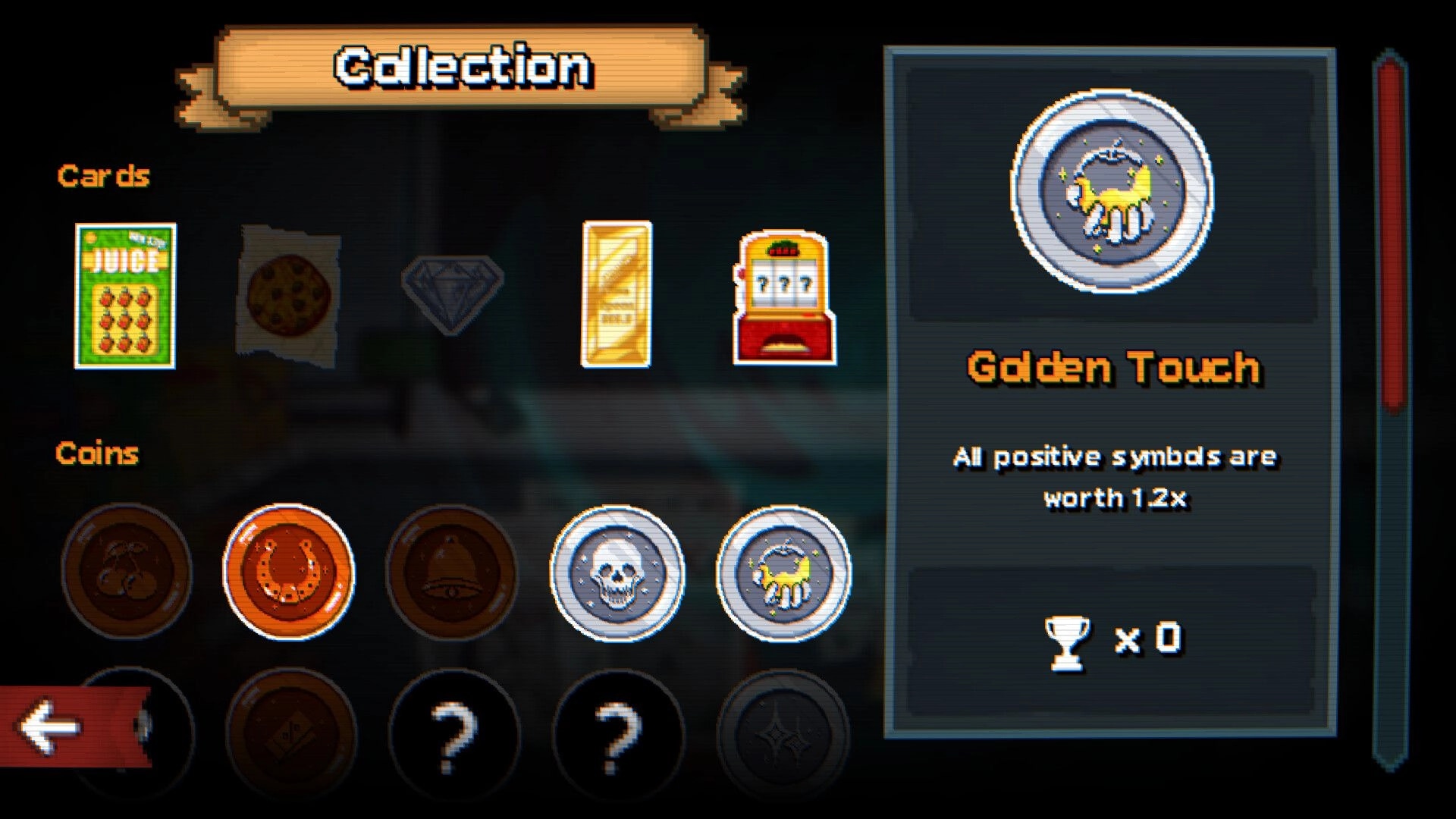 Scratch Off!: Collection menu with cards and coin icons, highlighting Golden Touch perk details panel.