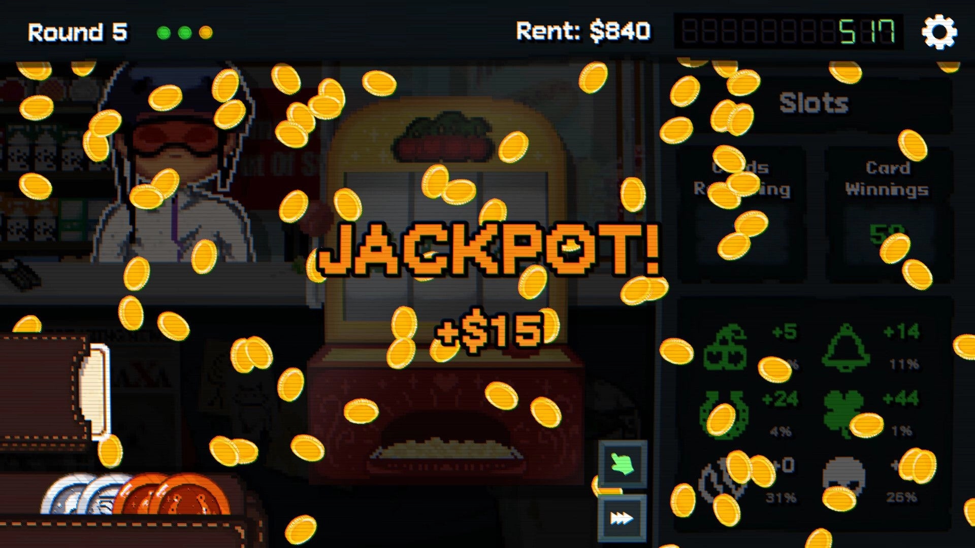 Scratch Off!: Jackpot +$15 coin shower over scratch card board, Round 5 rent $840 and slots panel UI.
