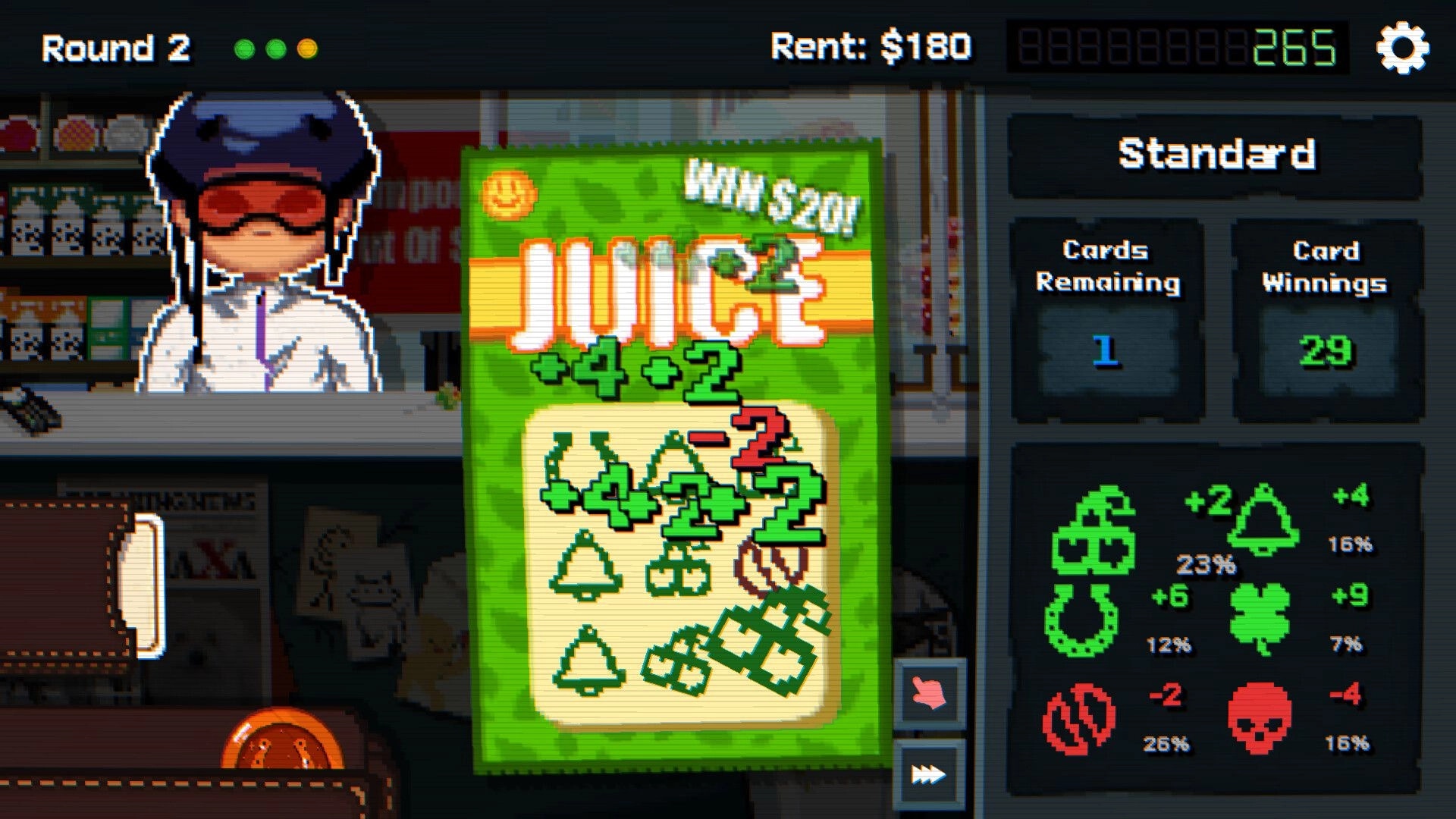 Scratch Off!: Round 2 scratch card with JUICE bonus numbers, clerk portrait, rent and stats panel UI.
