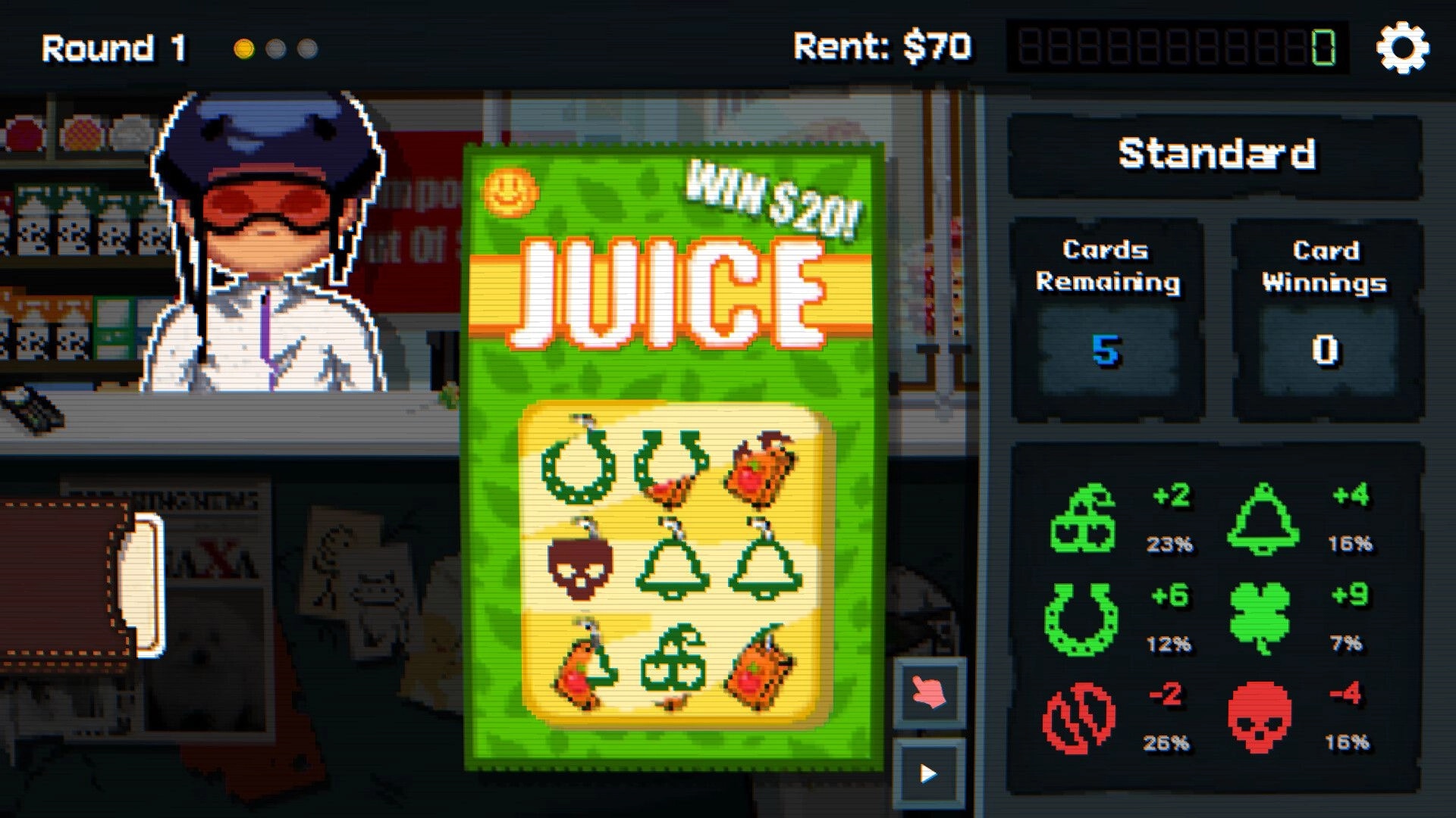 Scratch Off!: Juice scratch card in play with Round 1 rent $70 HUD and odds panel in shop setting.