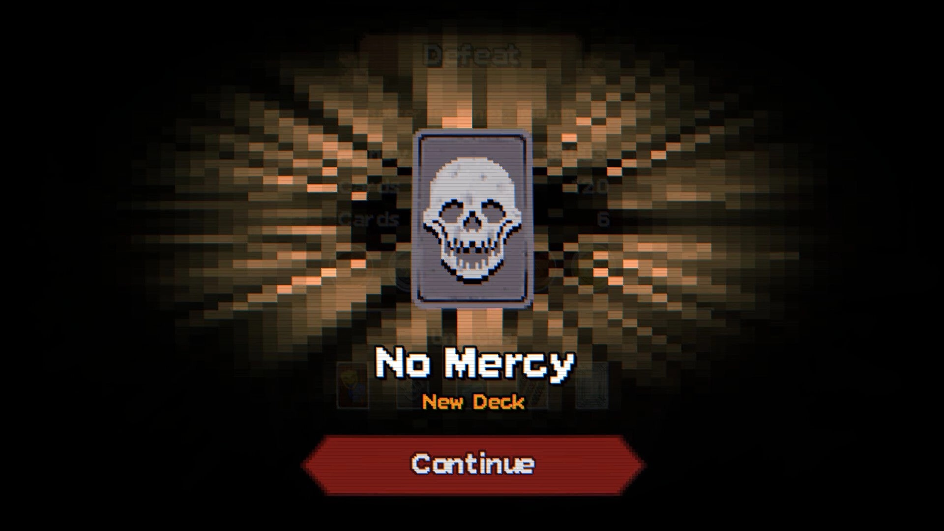 Scratch Off!: Defeat screen with skull card and "No Mercy" new deck prompt over blurred board UI.