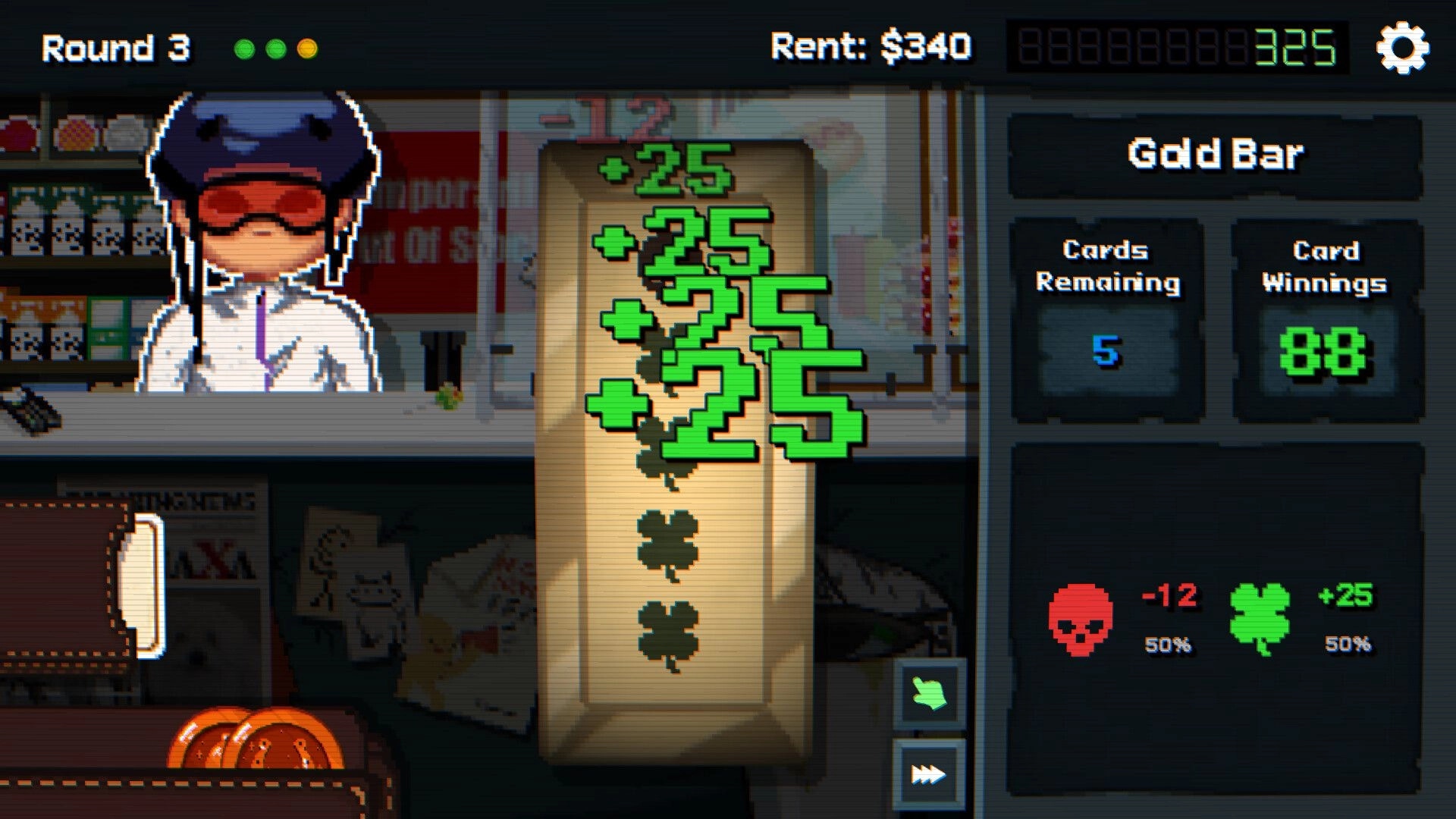 Scratch Off!: Scratch card with +25 payouts and clover icons, shopkeeper at counter, rent $340 UI.