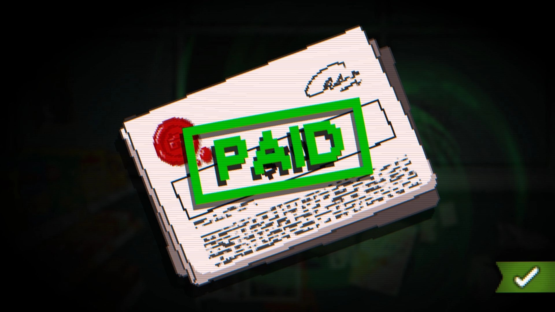 Scratch Off!: Stamped PAID bill card with red seal on dark desk background, green check button UI.