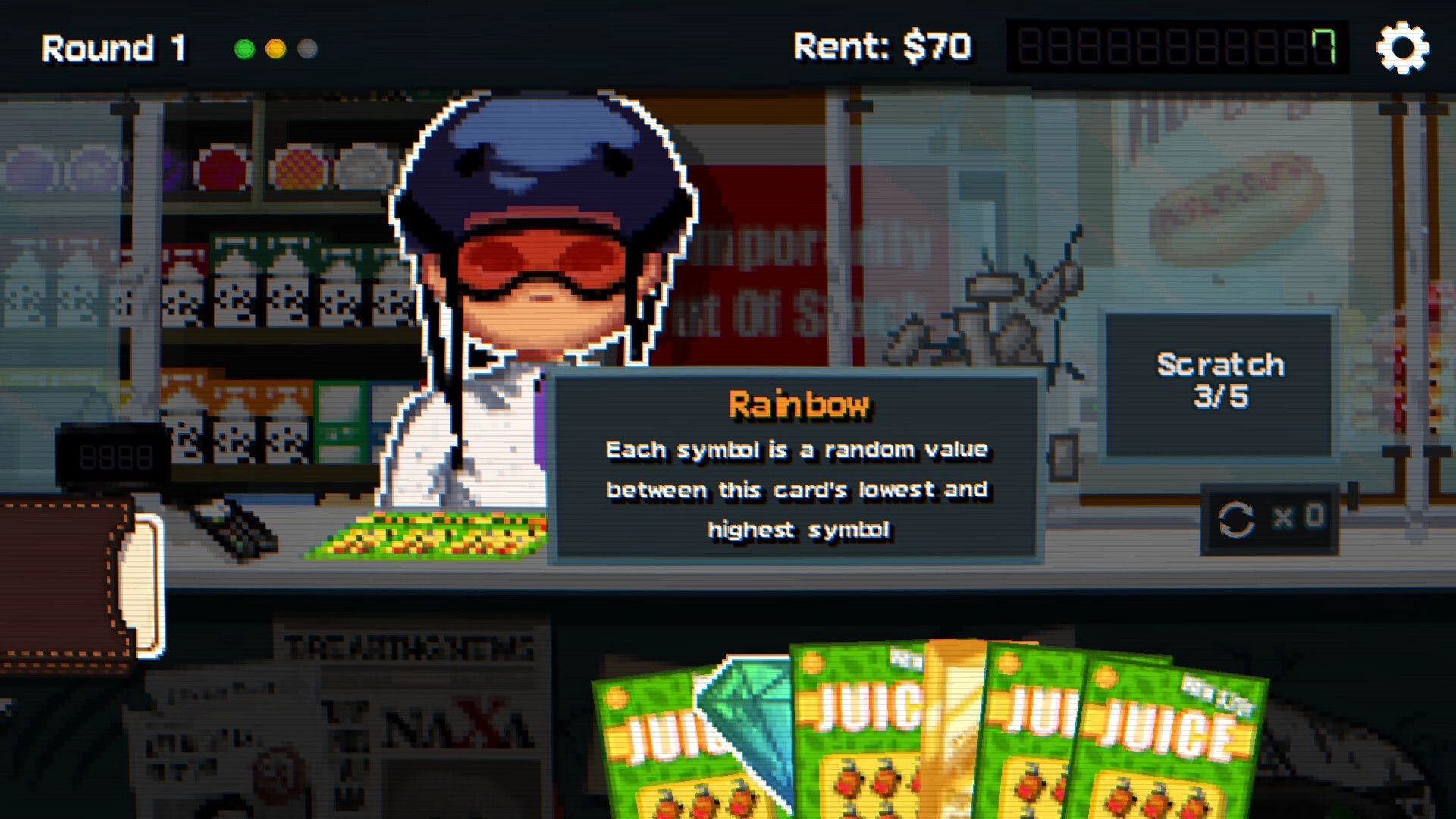 Scratch Off!: Player scratches a Rainbow card at shop counter, rent $70 shown, Scratch 3/5 UI.