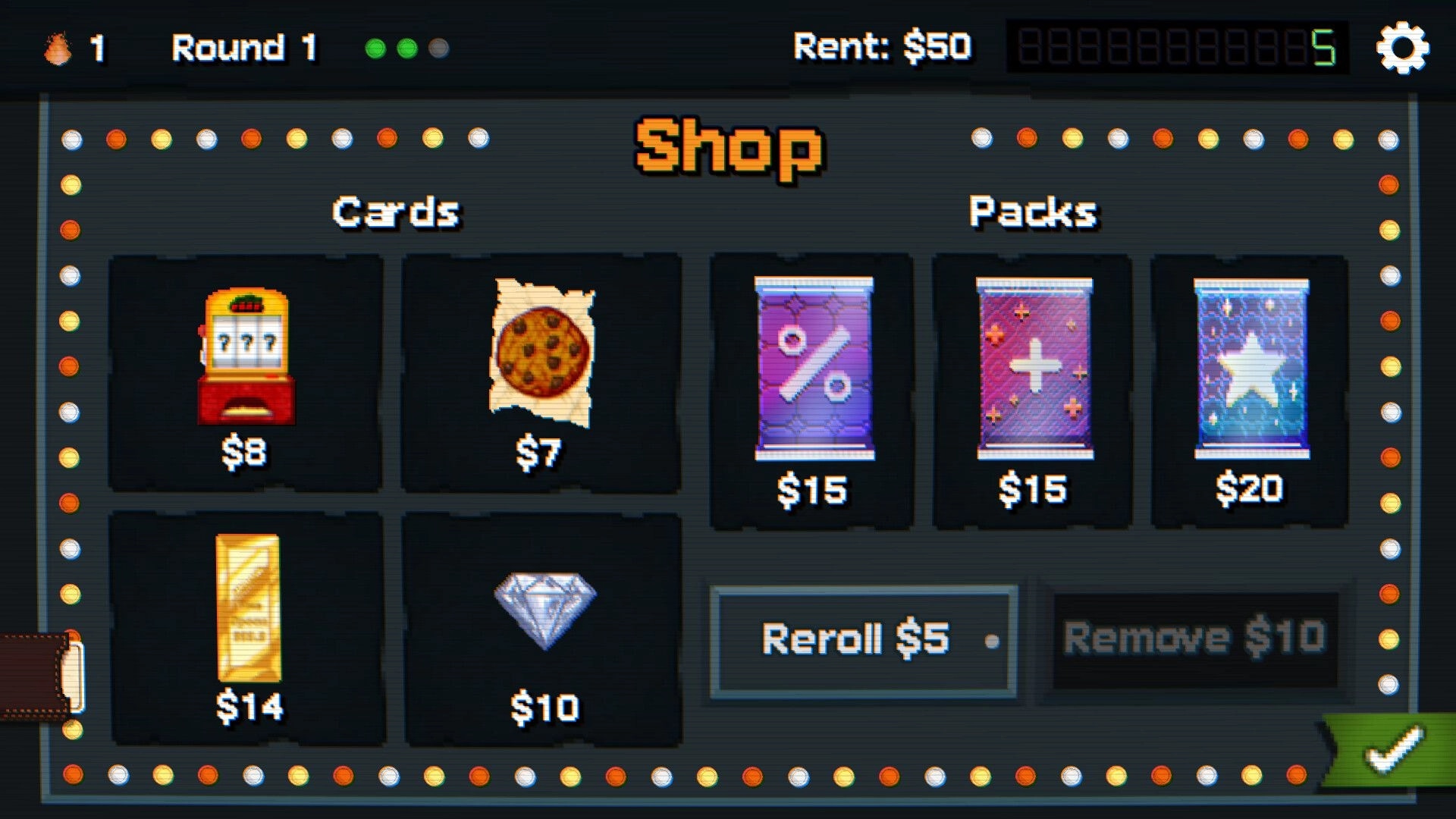 Scratch Off!: Shop screen with cards and packs for sale, prices shown, rent $50 at top bar.