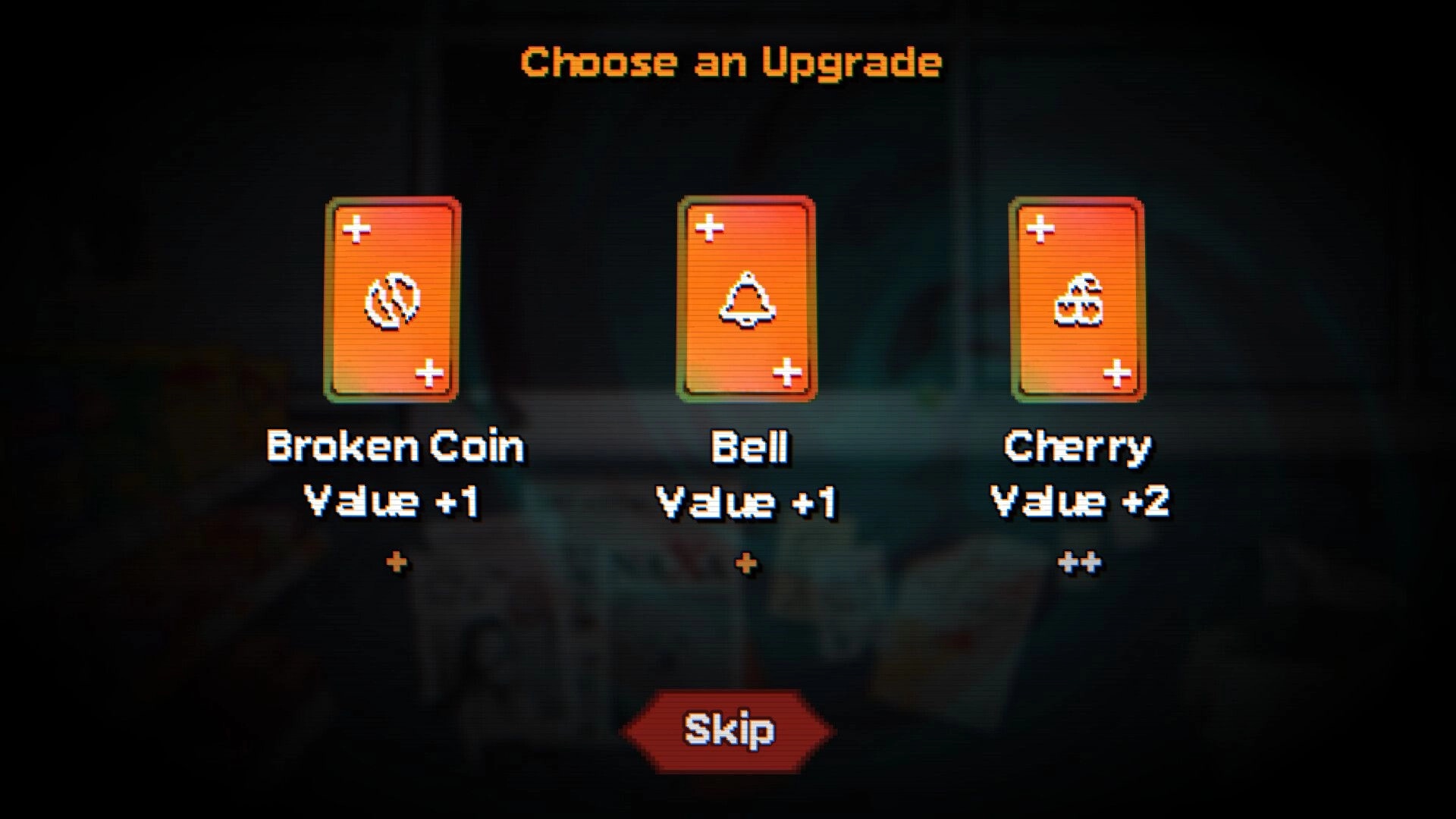 Scratch Off!: Choose an Upgrade menu with Broken Coin, Bell, and Cherry cards over blurred background.