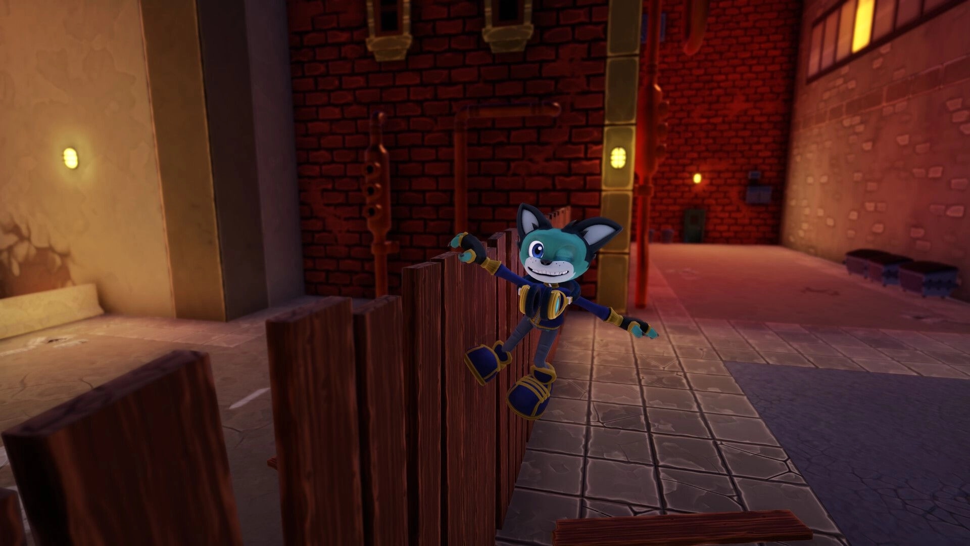 Scratch The Cat: DJ Scratch clings to a wooden fence in a brick alley with warm wall lights at night.