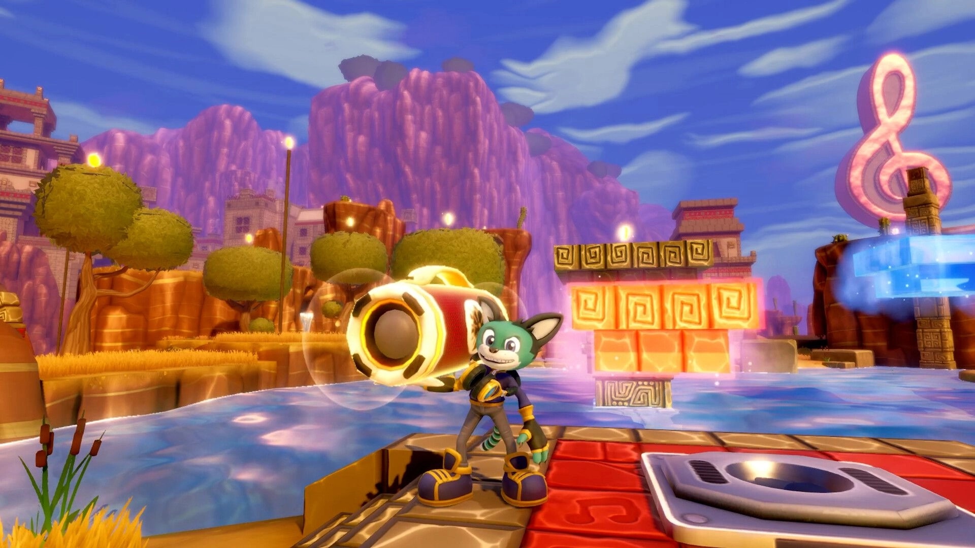 Scratch The Cat: DJ Scratch holds a giant speaker cannon on a platform above water and ruins.