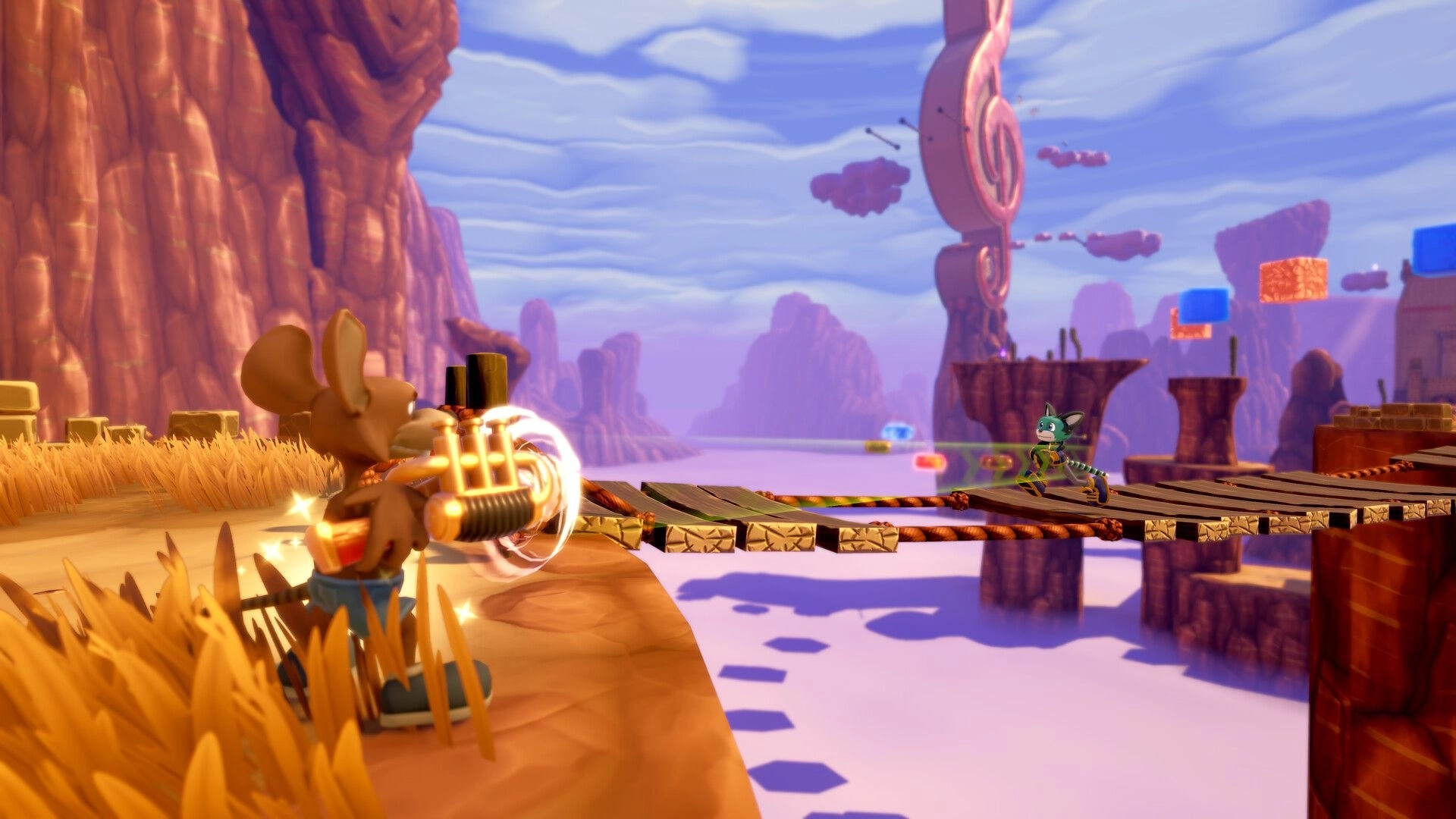 Scratch The Cat: DJ Scratch aims a glowing blaster at an enemy on a rope bridge in desert canyons.