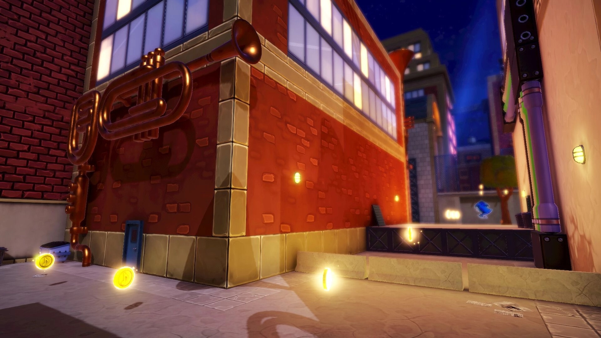 Scratch The Cat: Glowing music note coins line an alley beside a brick building with brass pipes at night.