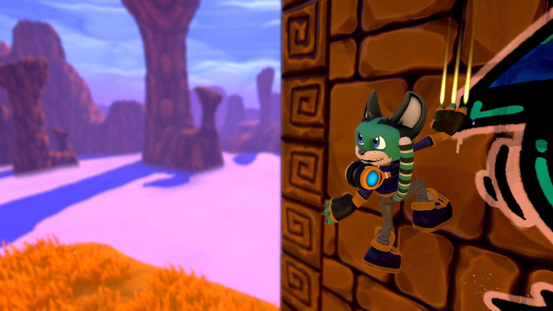 Scratch The Cat: DJ Scratch wall-jumps beside a graffiti brick tower overlooking a purple canyon vista.