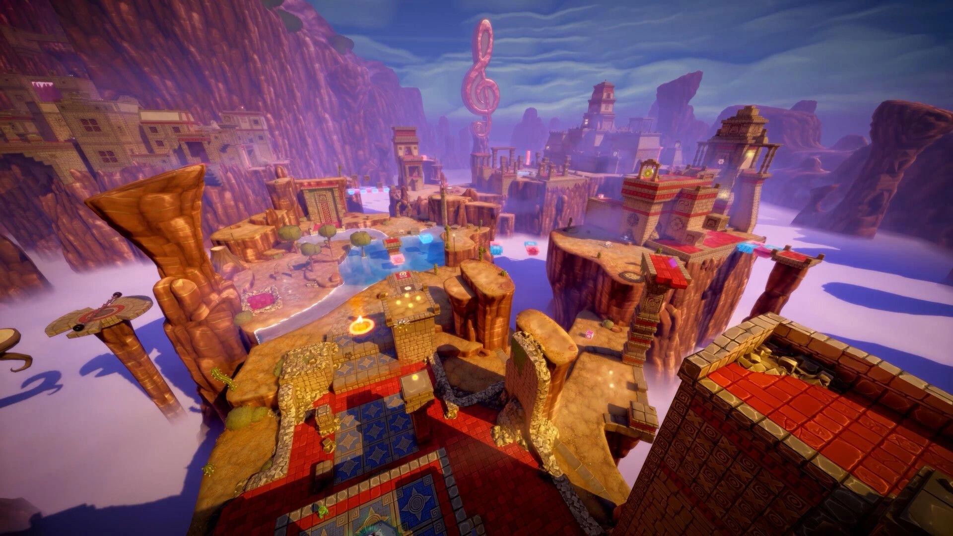 Scratch The Cat: Wide desert canyon platforming hub with temples, floating blocks, and treble clef tower.