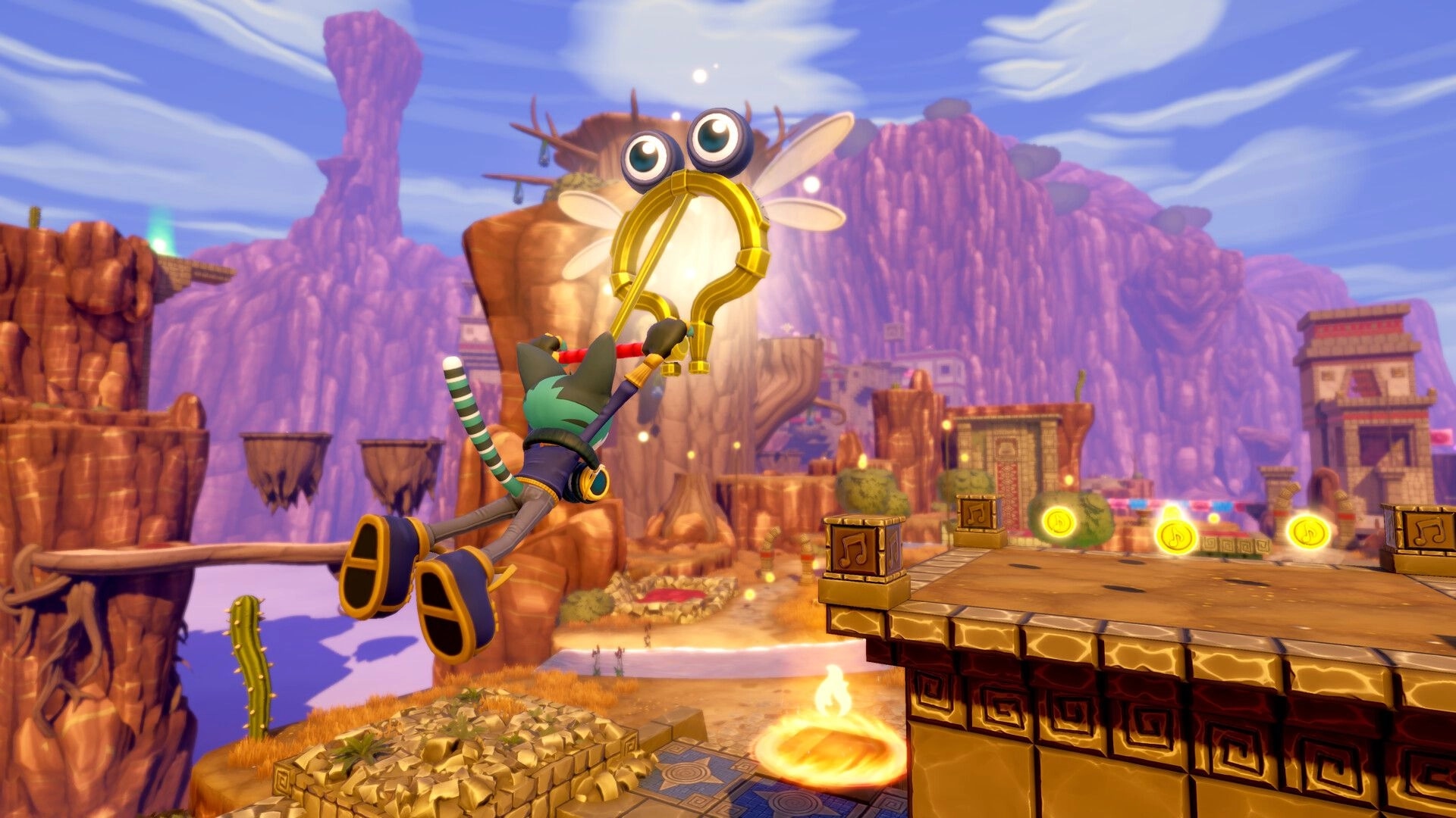 Scratch The Cat: DJ Scratch swings from a golden bug ring over desert ruins with music note coins ahead.