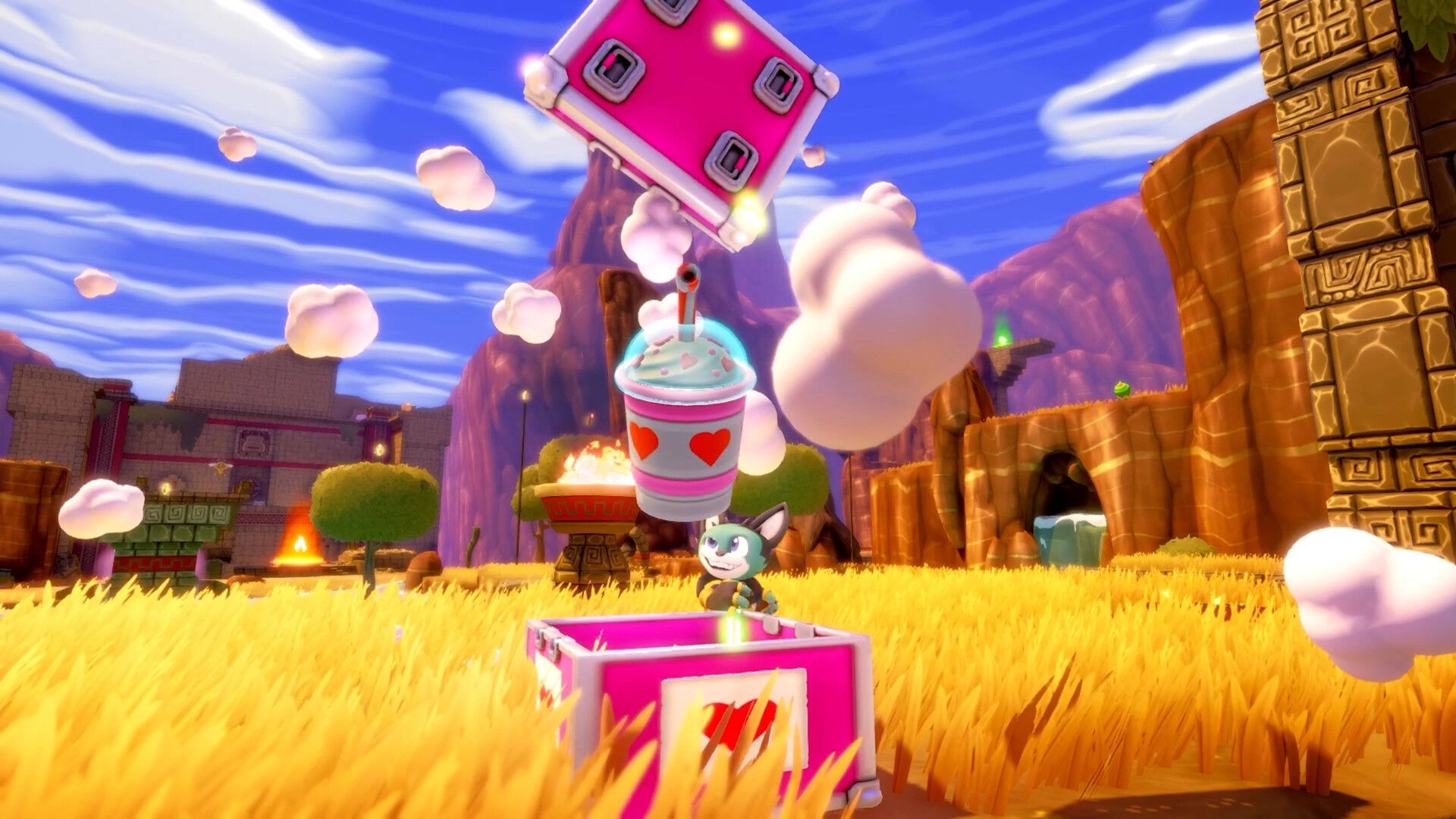 Scratch The Cat: Cat opens a pink crate as a heart cup floats above in a sunny canyon plaza.