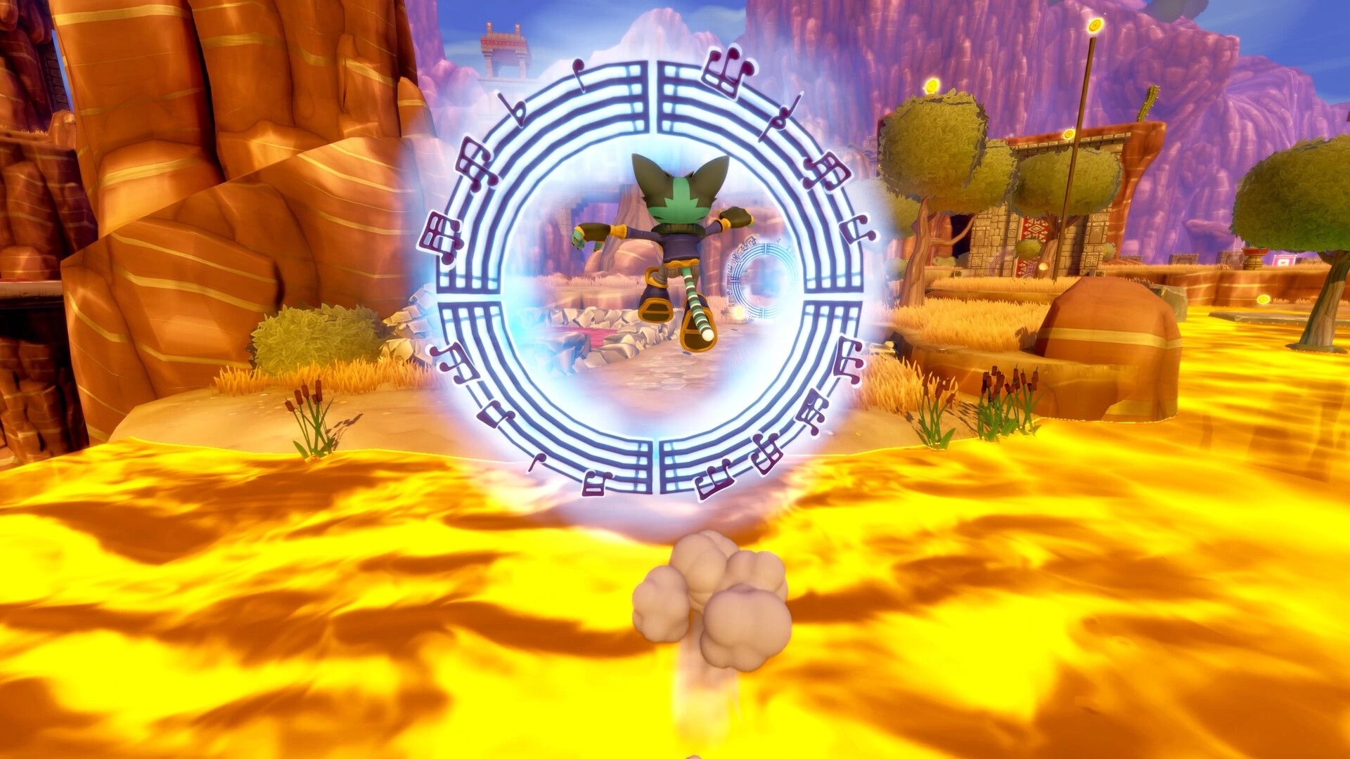 Scratch The Cat: DJ Scratch leaps through a glowing music-note ring above lava in a canyon level.