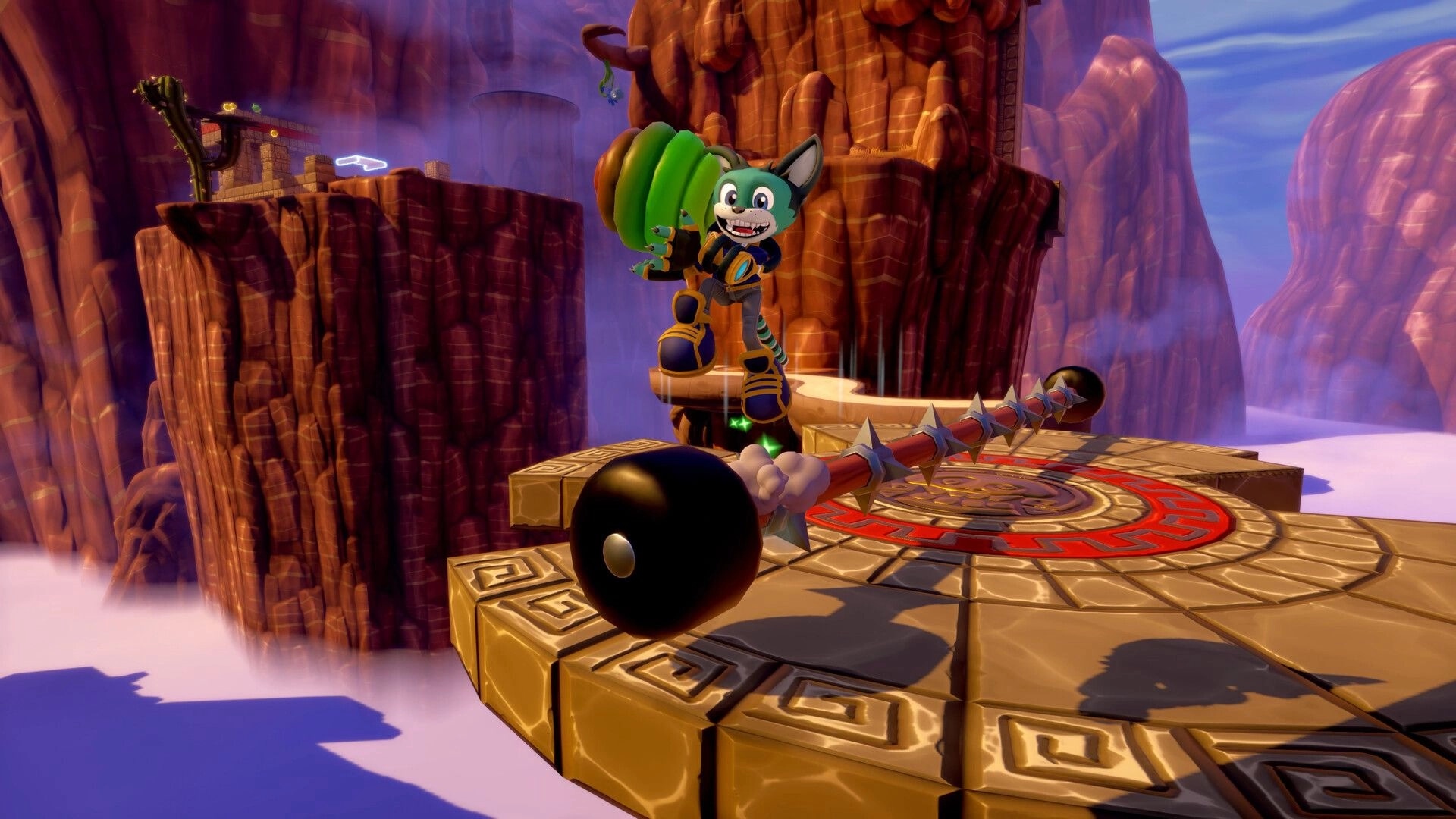 Scratch The Cat: DJ Scratch jumps over a spiked mace trap on a floating canyon platform above clouds.