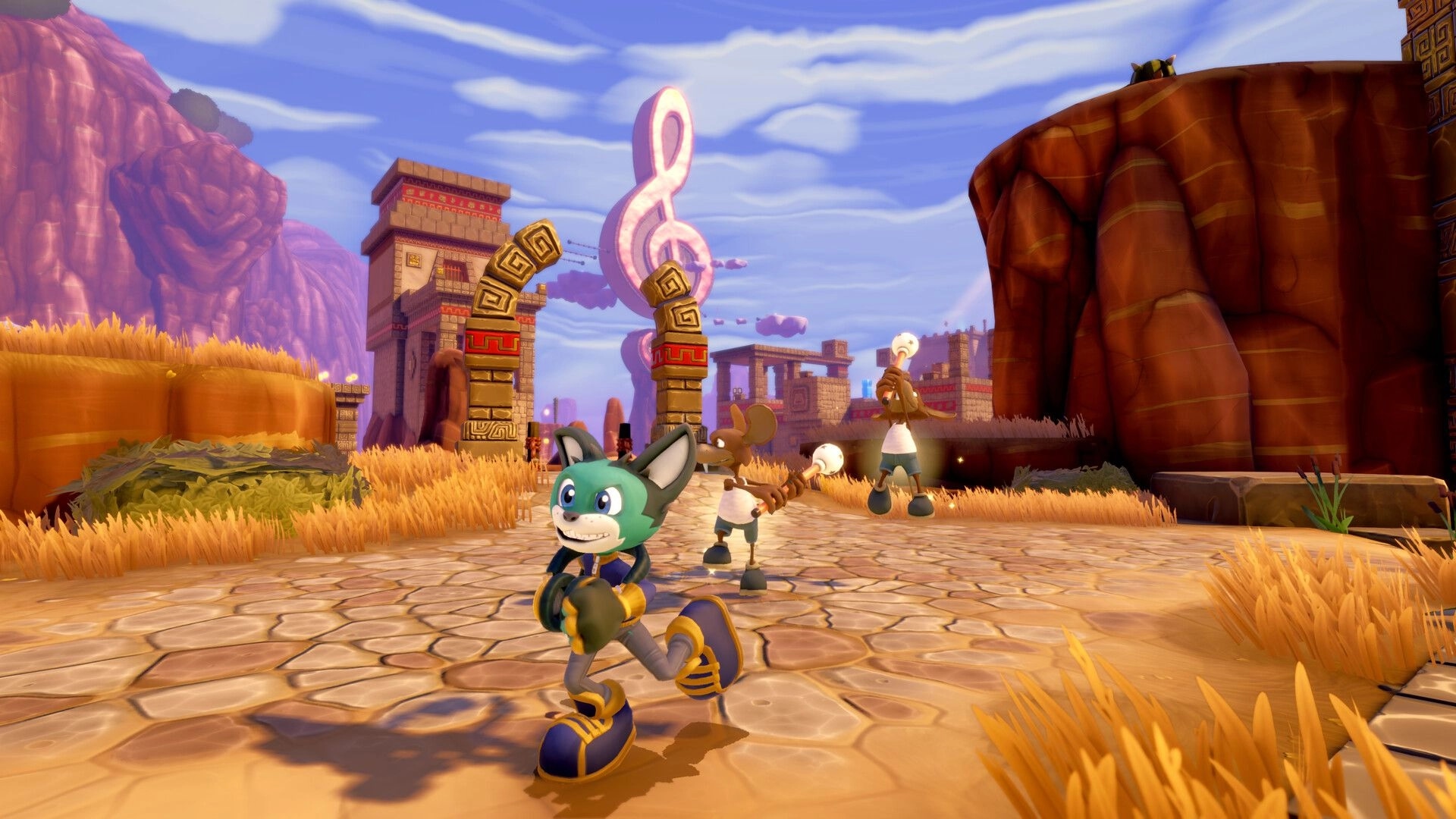 Scratch The Cat: DJ Scratch running past mouse enemies in a desert canyon with stone ruins and treble clef statue.