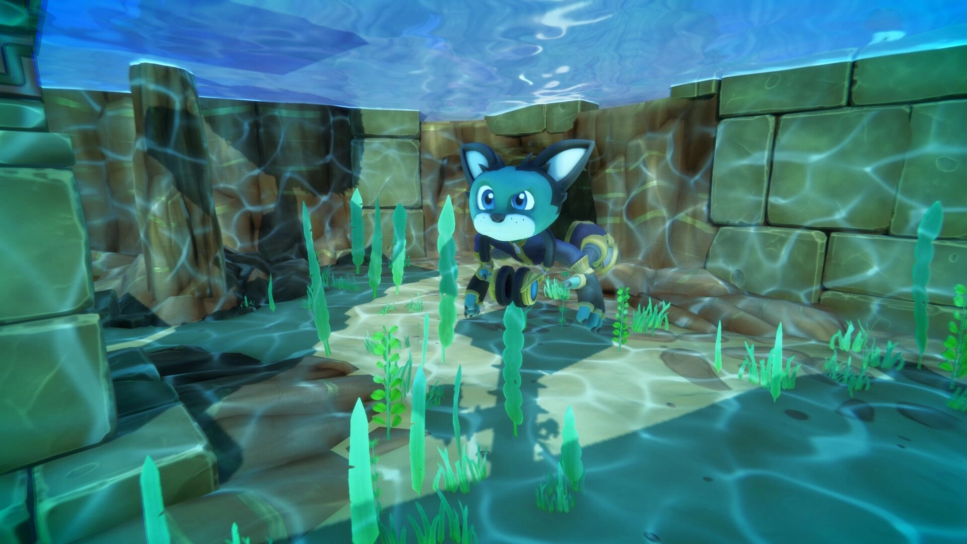 Scratch The Cat: DJ Scratch swims underwater through stone ruins with seaweed and rippling light above.