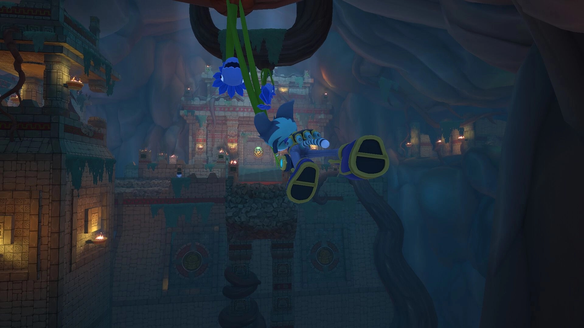 Scratch The Cat: DJ Scratch swings on vines over torchlit stone ruins inside a misty cavern temple.