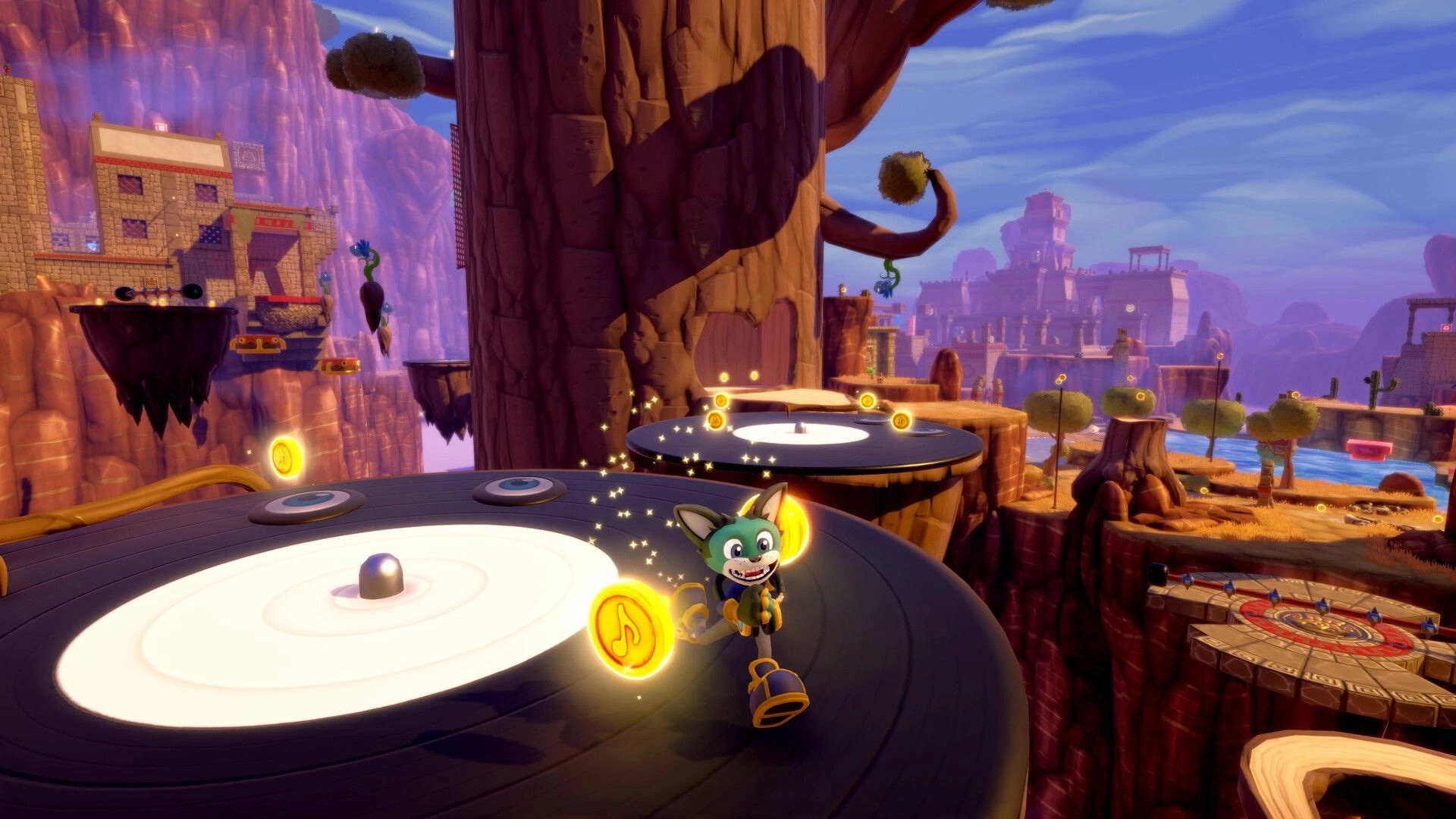 Scratch The Cat: DJ Scratch collects music-note coins on giant vinyl platforms in a canyon desert level.