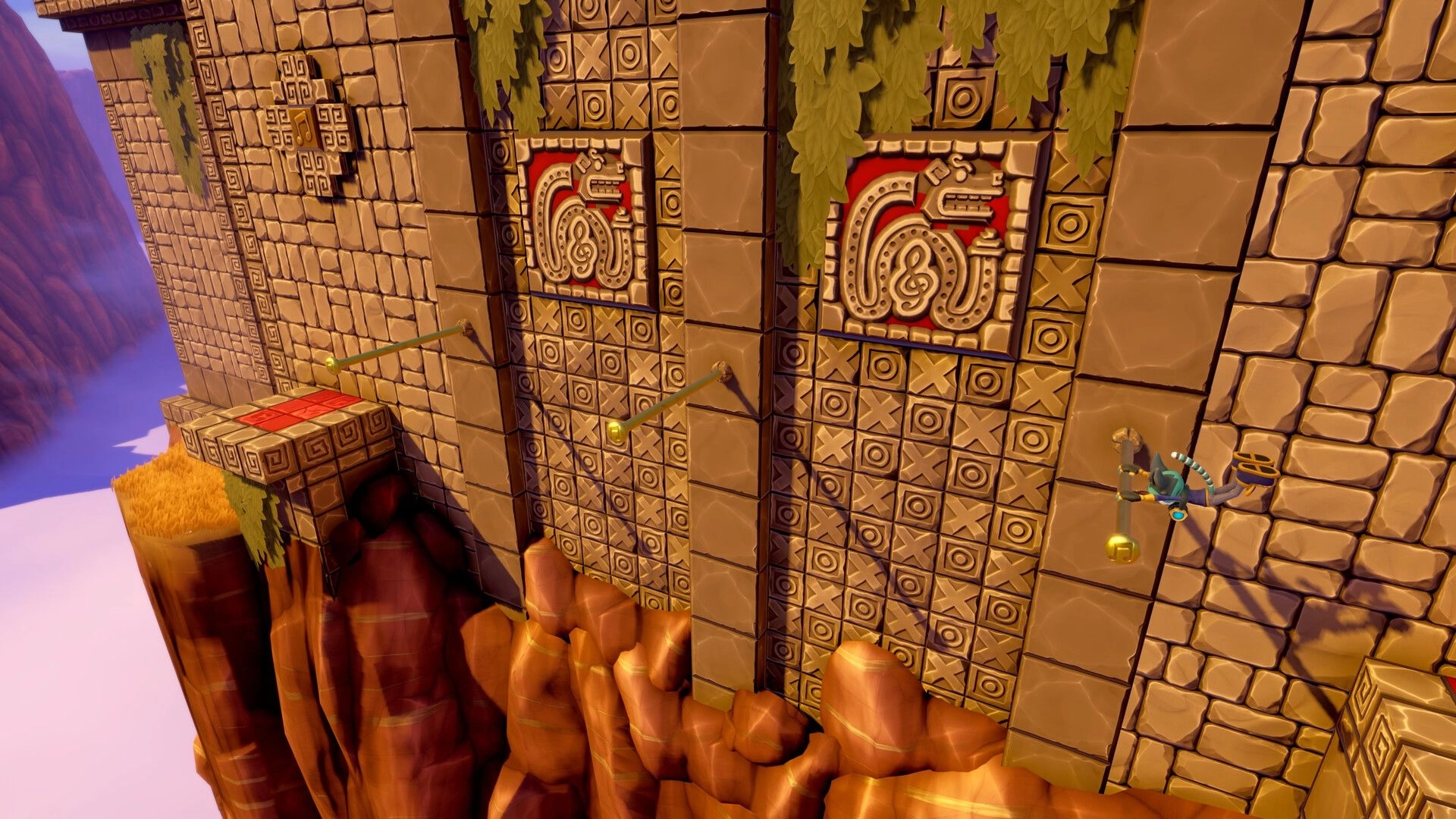 Scratch The Cat: Cat character wall-jumps between hanging poles on a cliffside temple wall with music tiles.