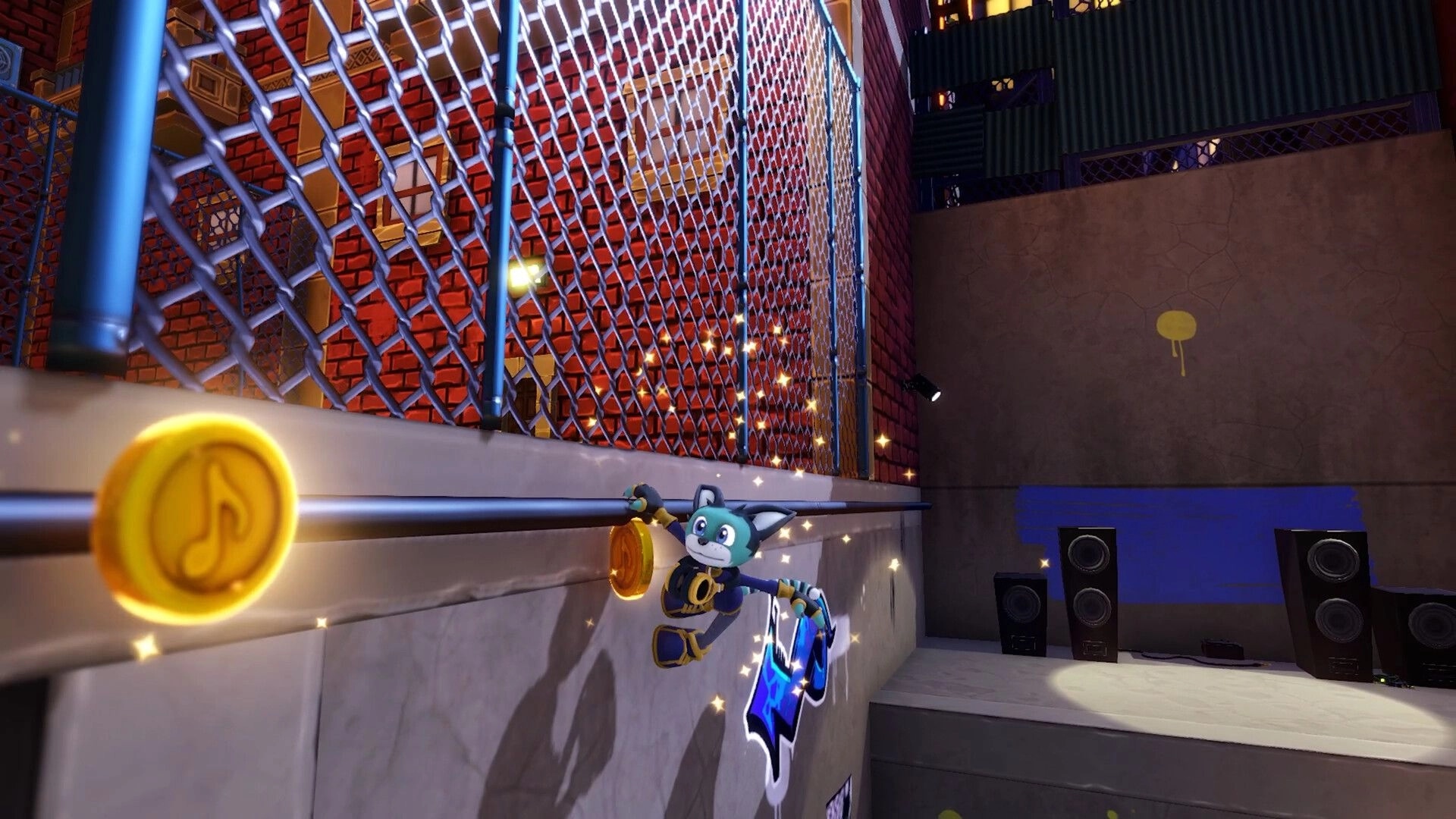 Scratch The Cat: DJ Scratch wall-jumps past music coins in a fenced brick alley with speakers below.