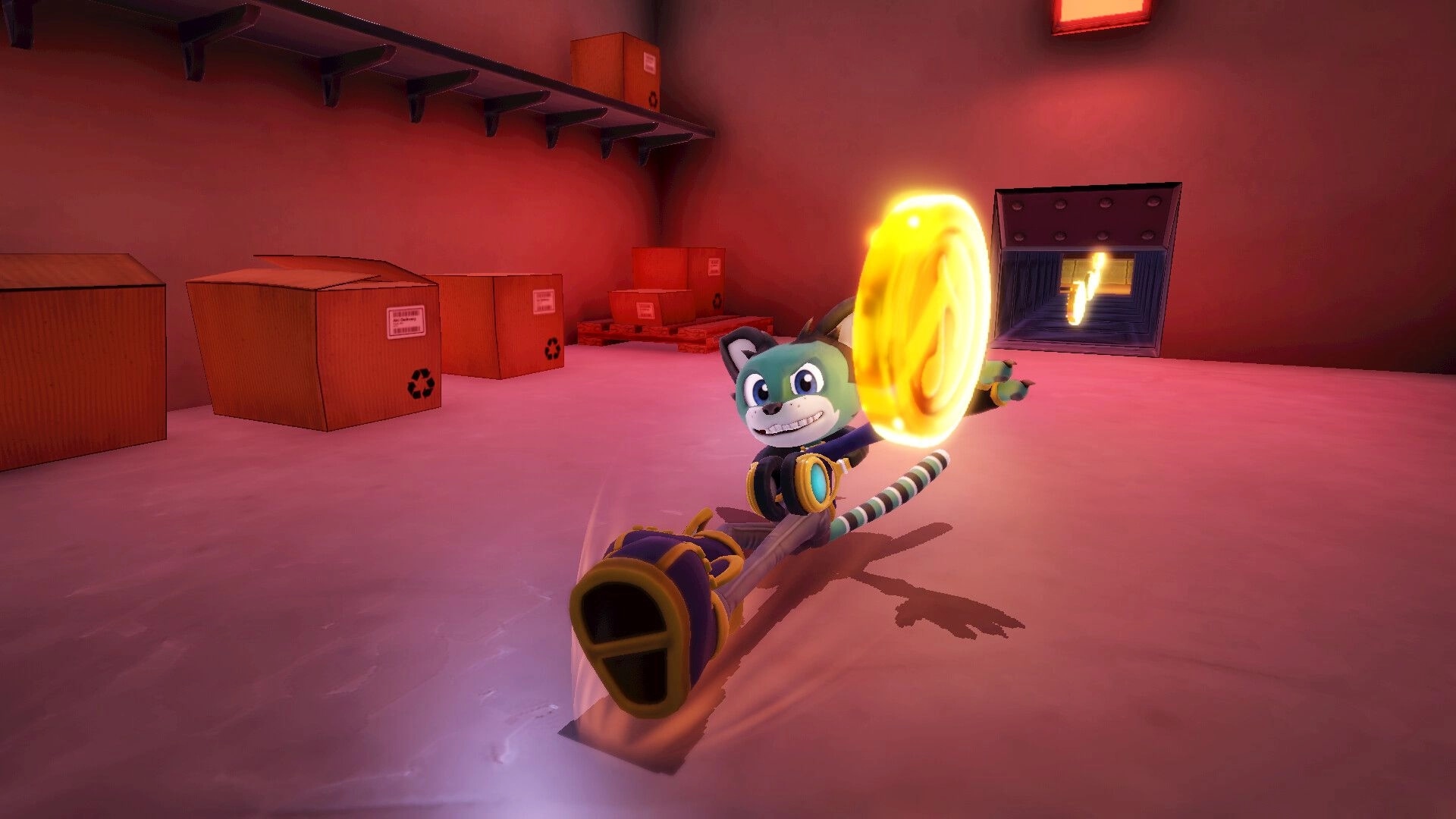 Scratch The Cat: DJ Scratch slides with a glowing record disc in a warehouse room with boxes and vent.