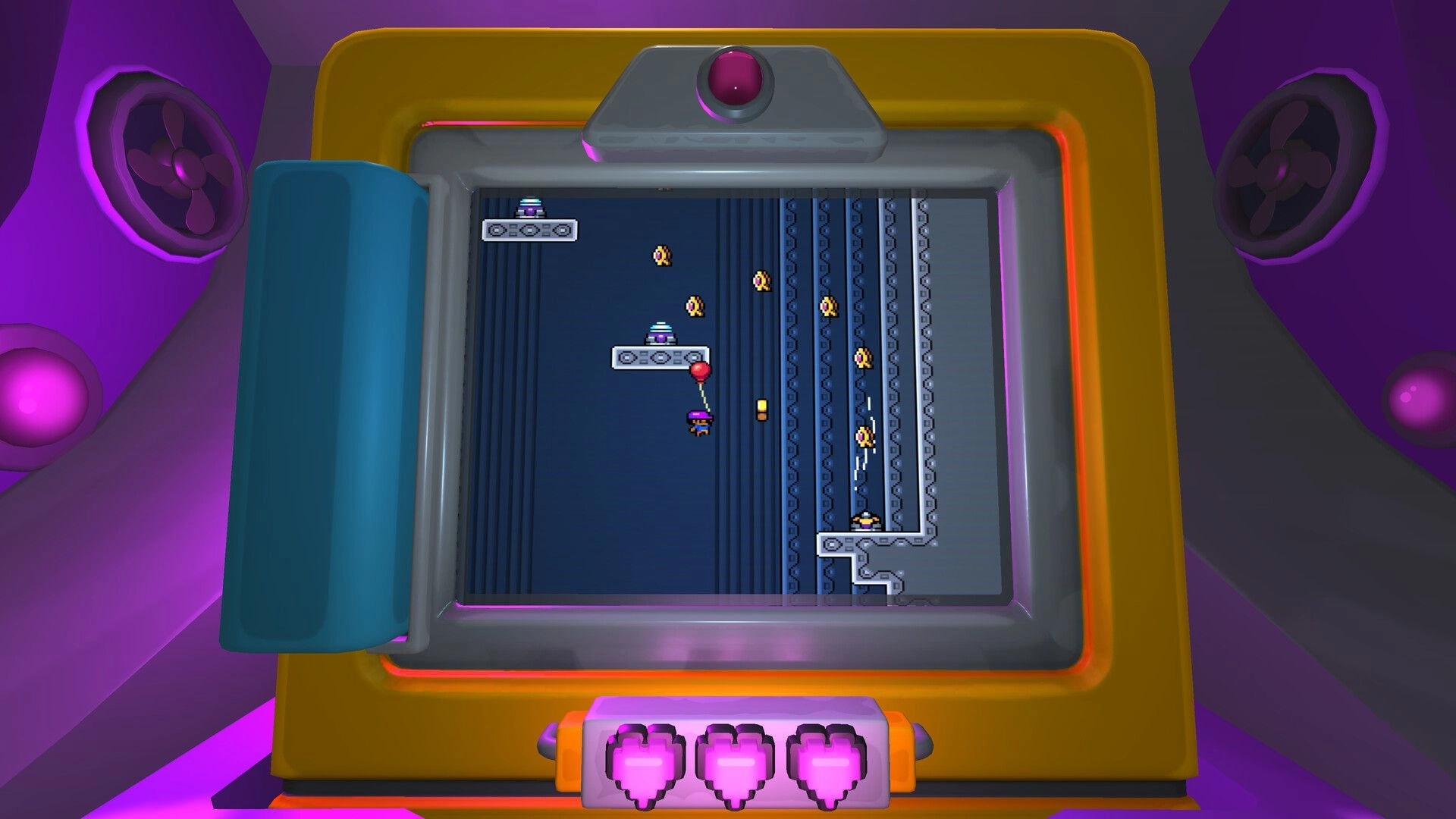 Screenbound: Pixel hero hangs from a red balloon amid coins and platforms inside a retro CRT display.