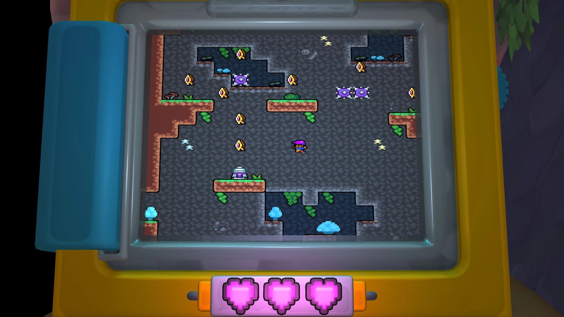 Screenbound: Qboy sprite dodges enemies and grabs coins in a cave level on a handheld screen UI.