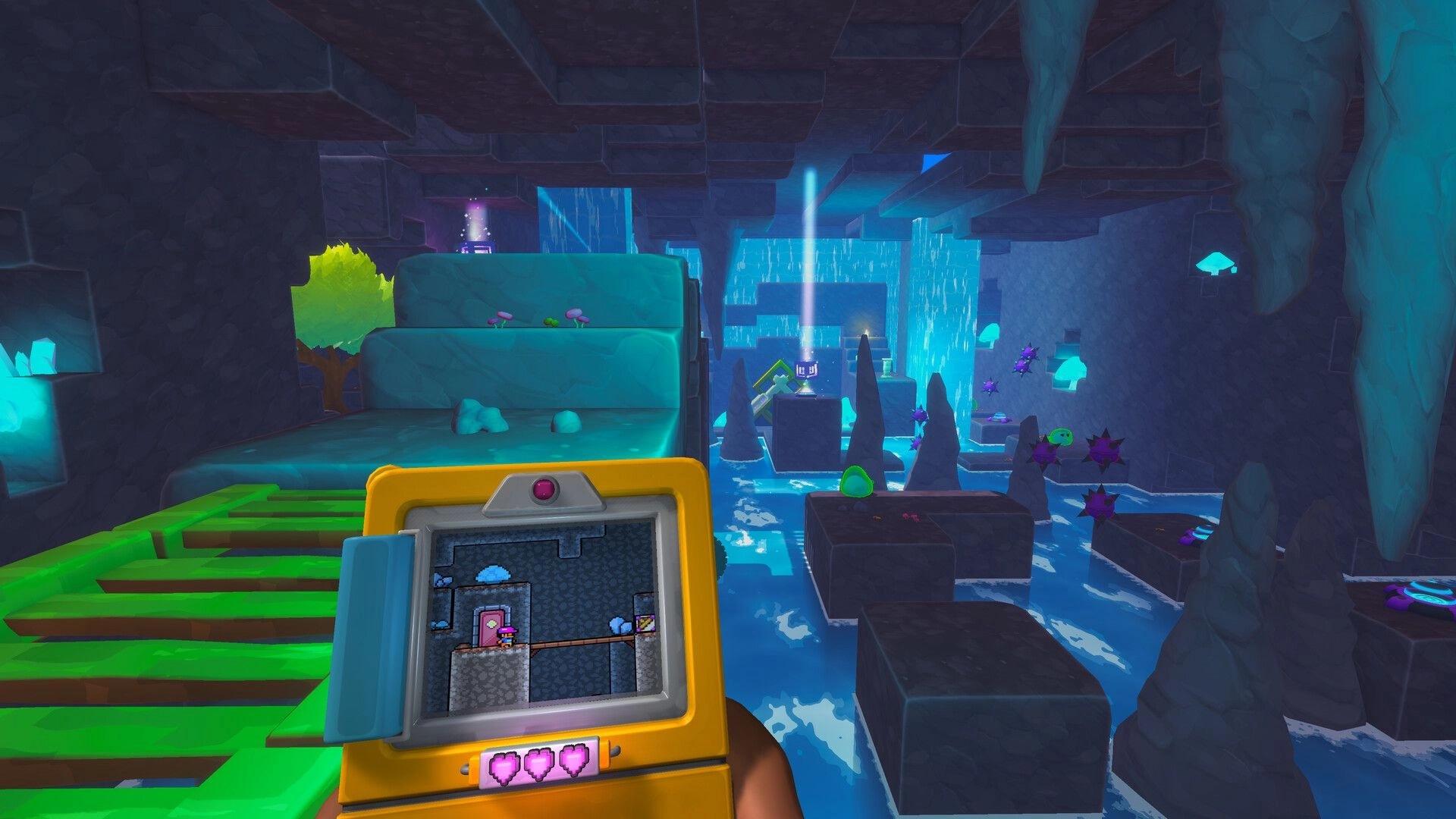 Screenbound: Qboy handheld view with hearts UI in watery cave of platforms, spikes, and waterfalls.