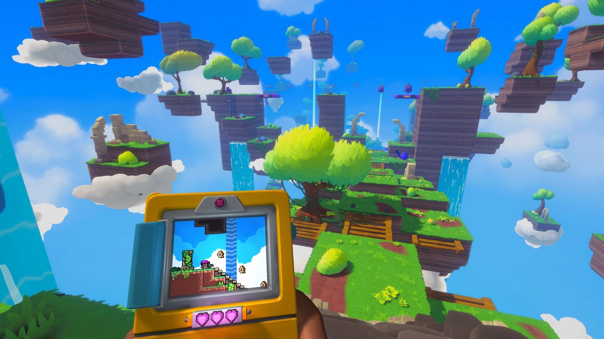 Screenbound: Qboy handheld screen shows 2D hero on ledge, with floating grassy islands and waterfalls ahead.