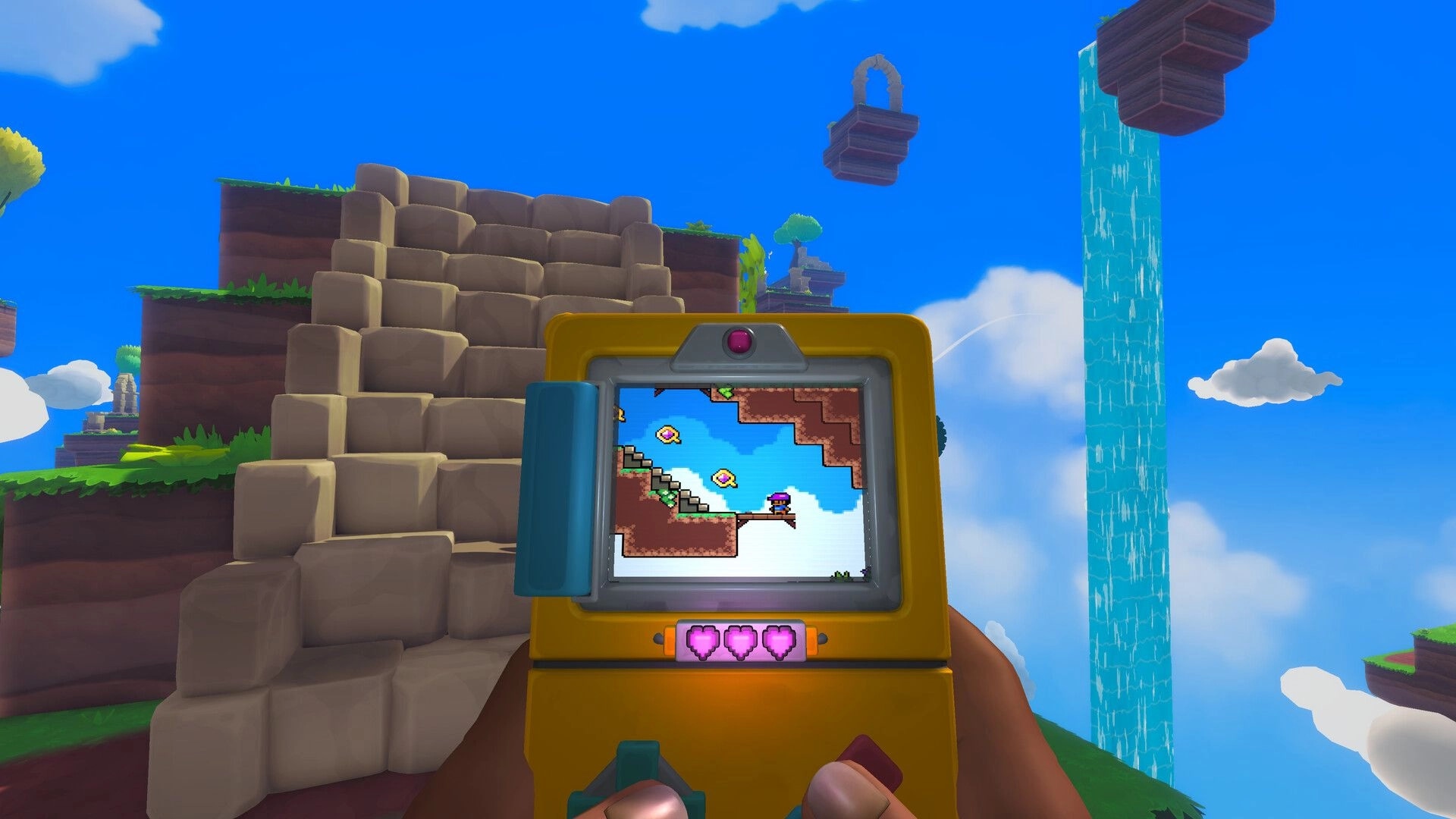 Screenbound: Qboy handheld displays 2D platformer with hearts HUD amid 3D cliffs and tall waterfall skybox.