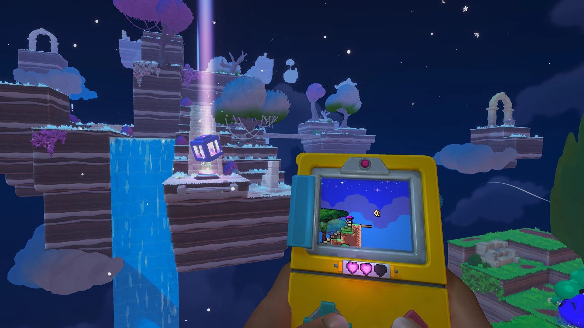 Screenbound: Qboy handheld shows 2D platformer while 3D floating cliffs and waterfall glow at night.
