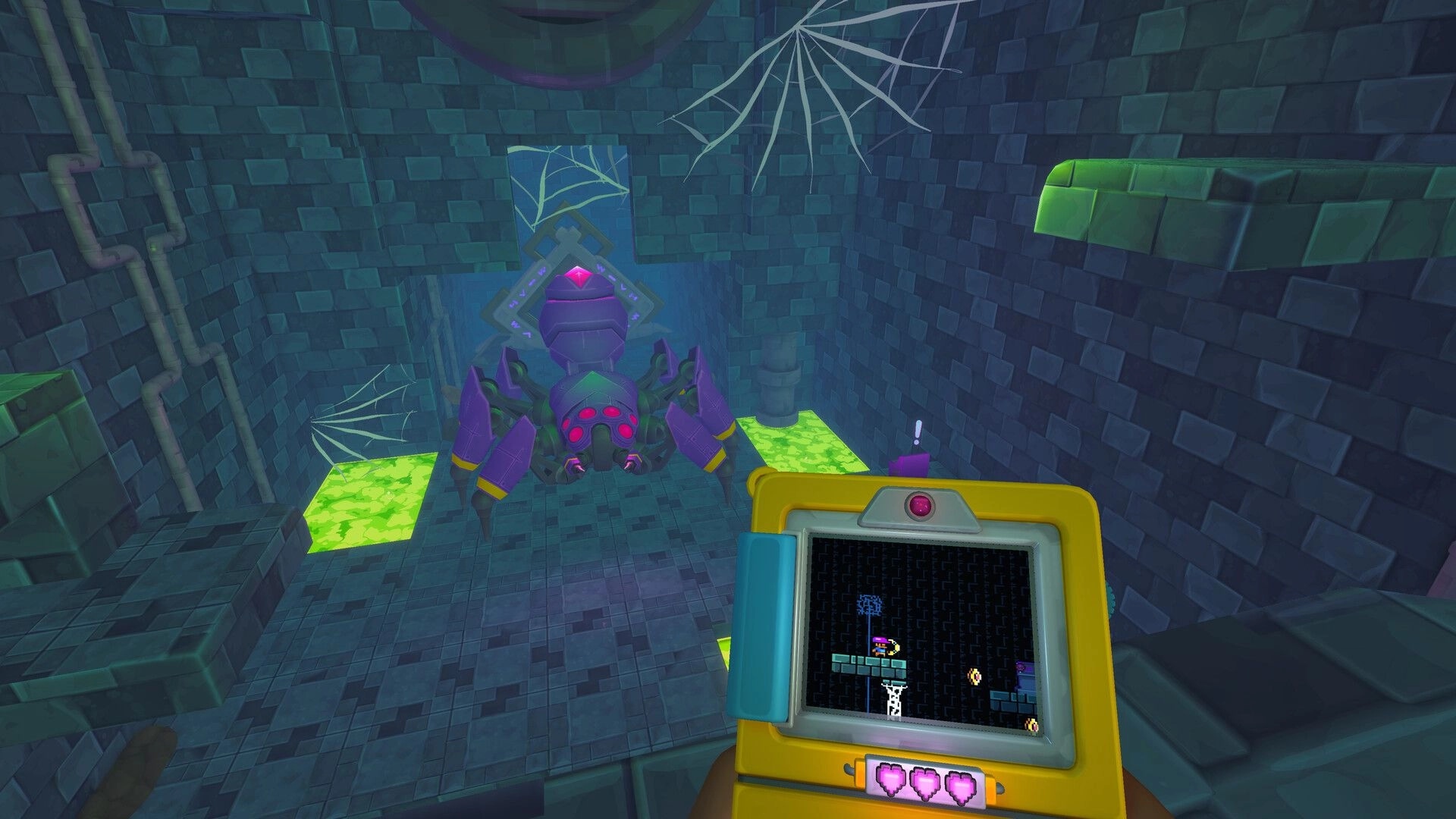 Screenbound: Qboy screen platforming while a giant purple spider blocks a toxic sewer chamber ahead.