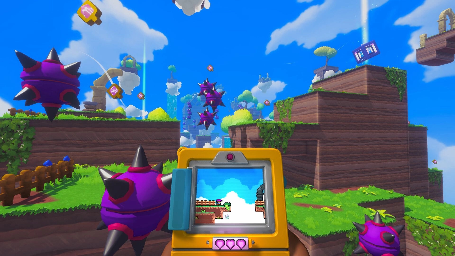 Screenbound: Qboy screen shows 2D character jumping while spiked enemies float over grassy cliffs.