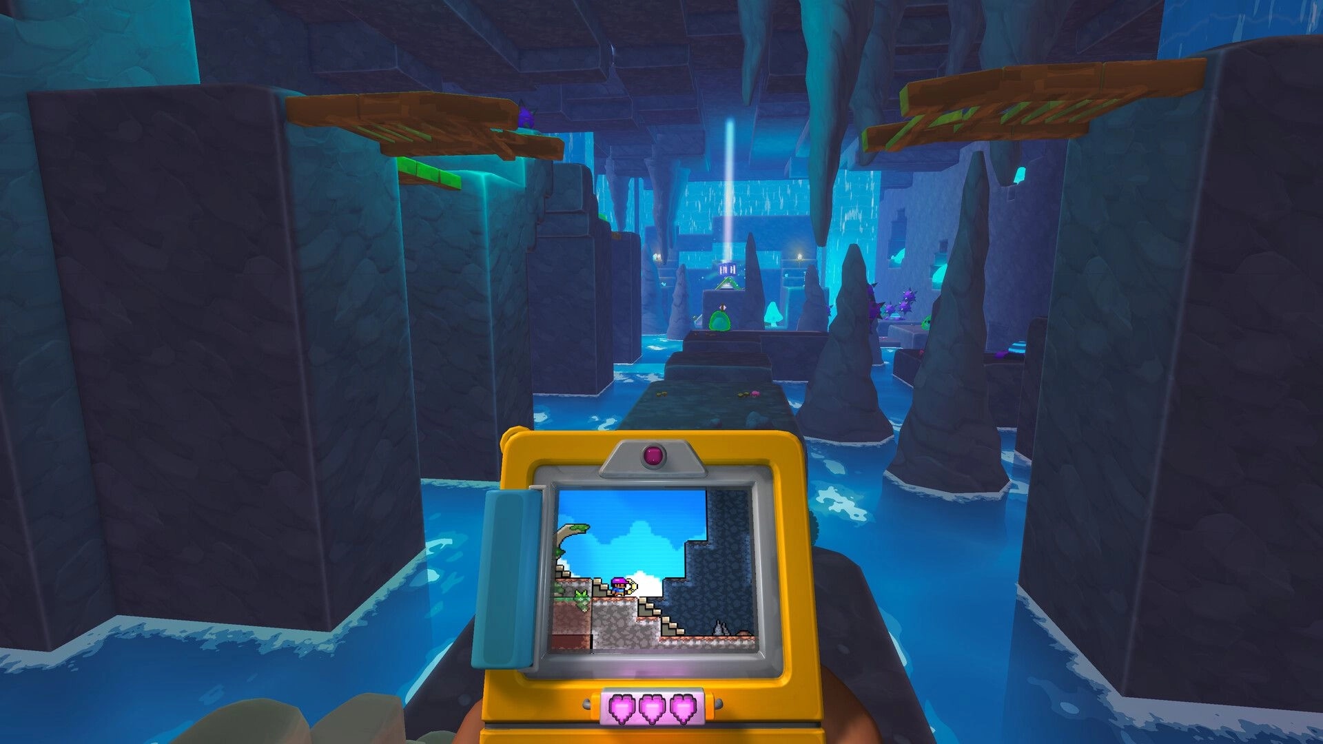 Screenbound: Holding the Qboy with 2D platform view in a flooded blue cave with rock pillars and planks.