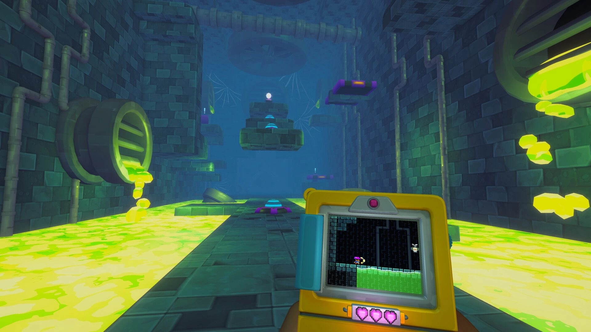 Screenbound: Qboy handheld screen shows 2D character platforming in a 3D sewer with toxic slime pools.