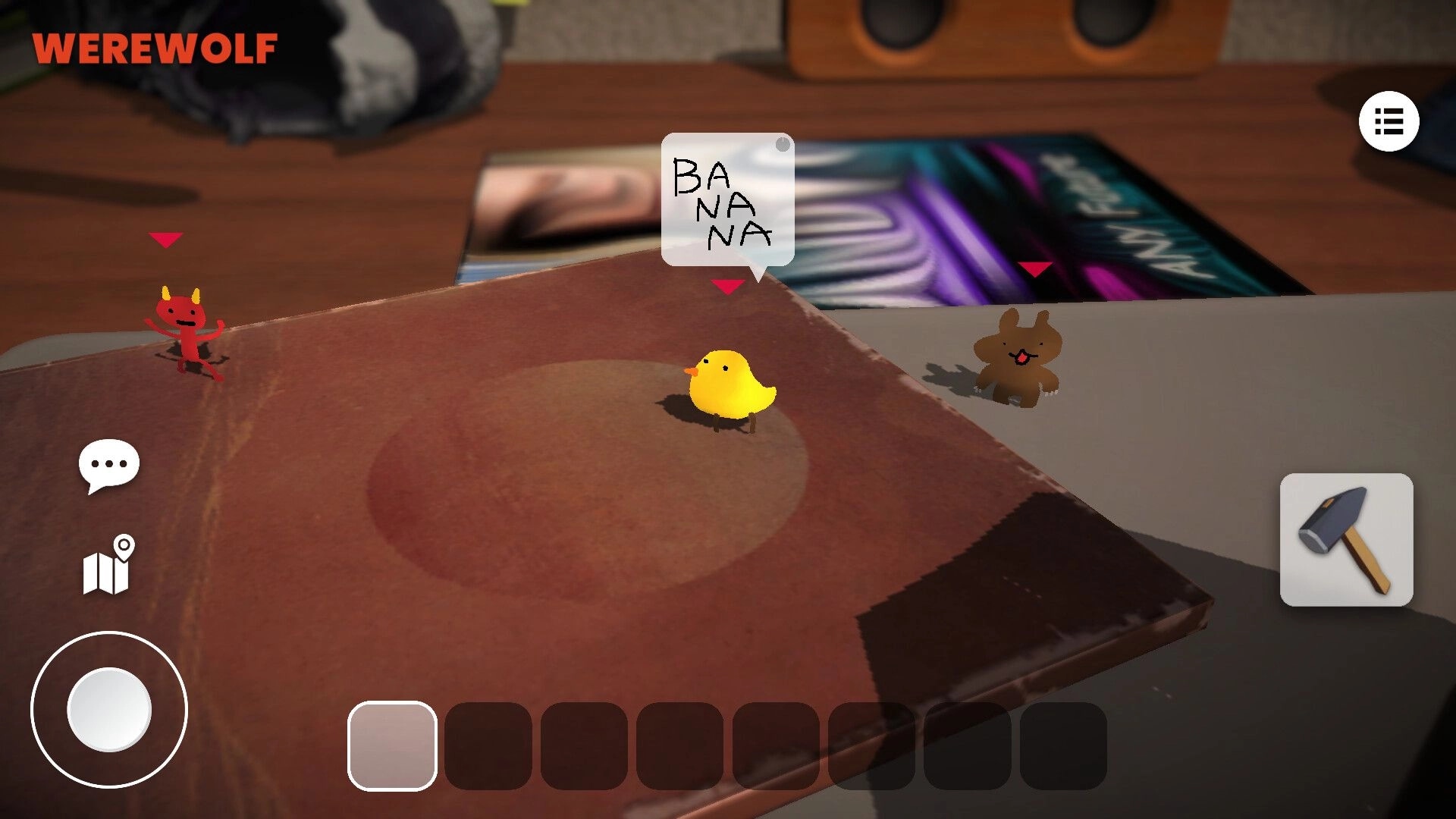 Scribble Wolf: Werewolf role view with doodle avatars on a table book, chat bubble and hammer UI.