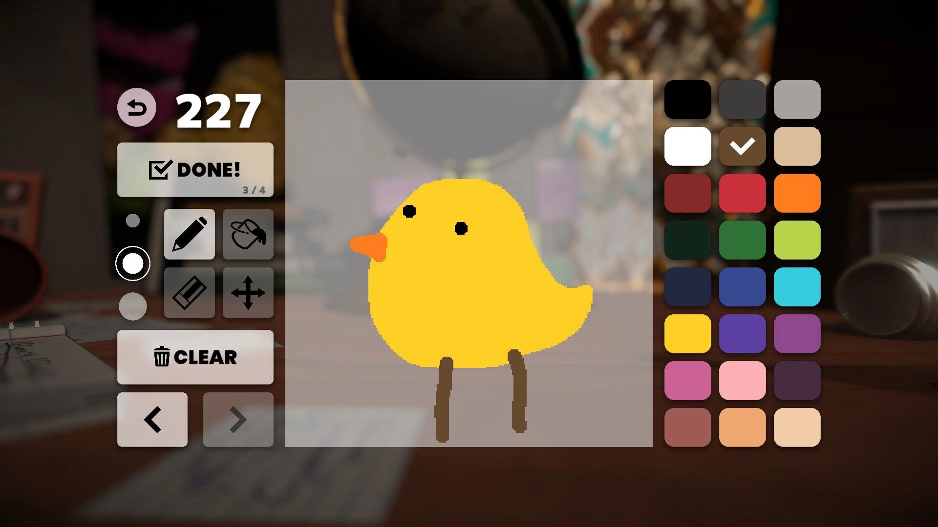 Scribble Wolf: Drawing tool UI with a yellow chick sketch on canvas and color palette panel.
