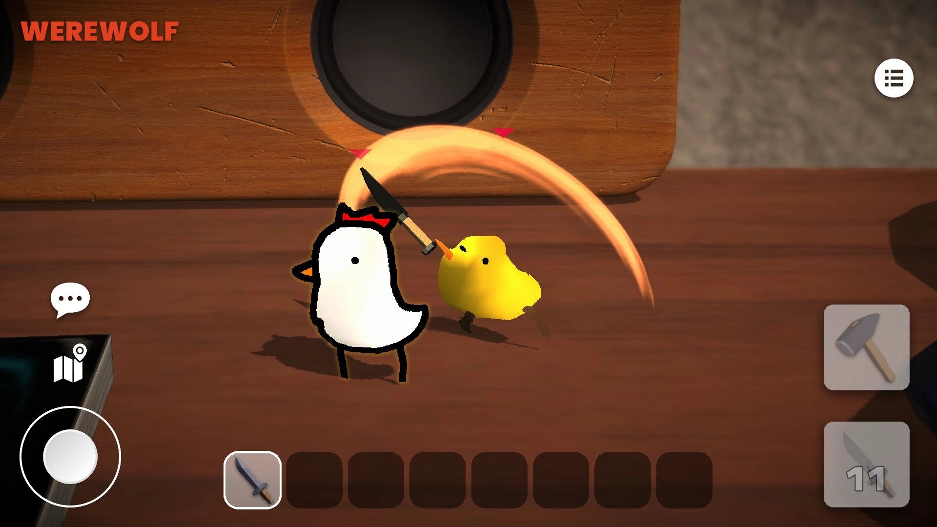 Scribble Wolf: Yellow chick swings a hammer at a doodle chicken on wooden floor, WEREWOLF UI active.