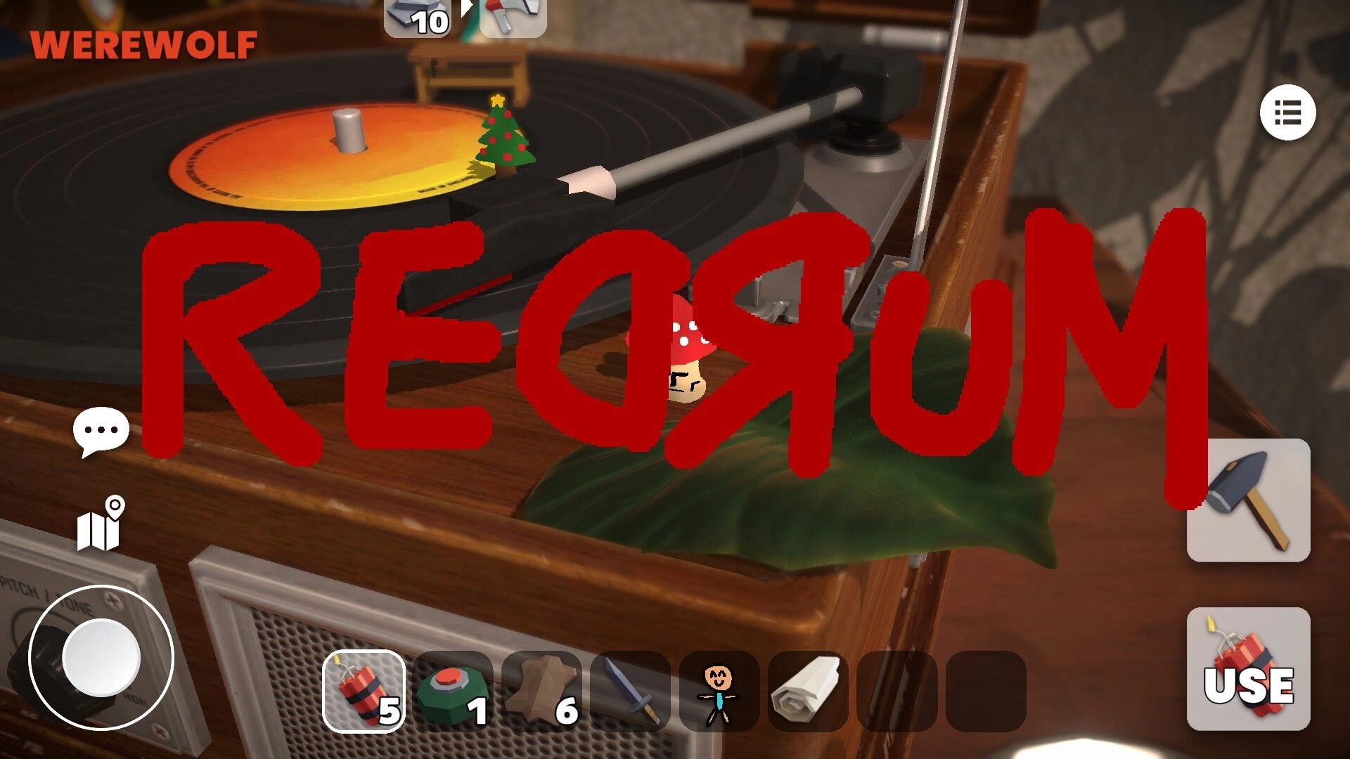 Scribble Wolf: Giant red RESORUM graffiti over a turntable scene with werewolf UI and item bar.