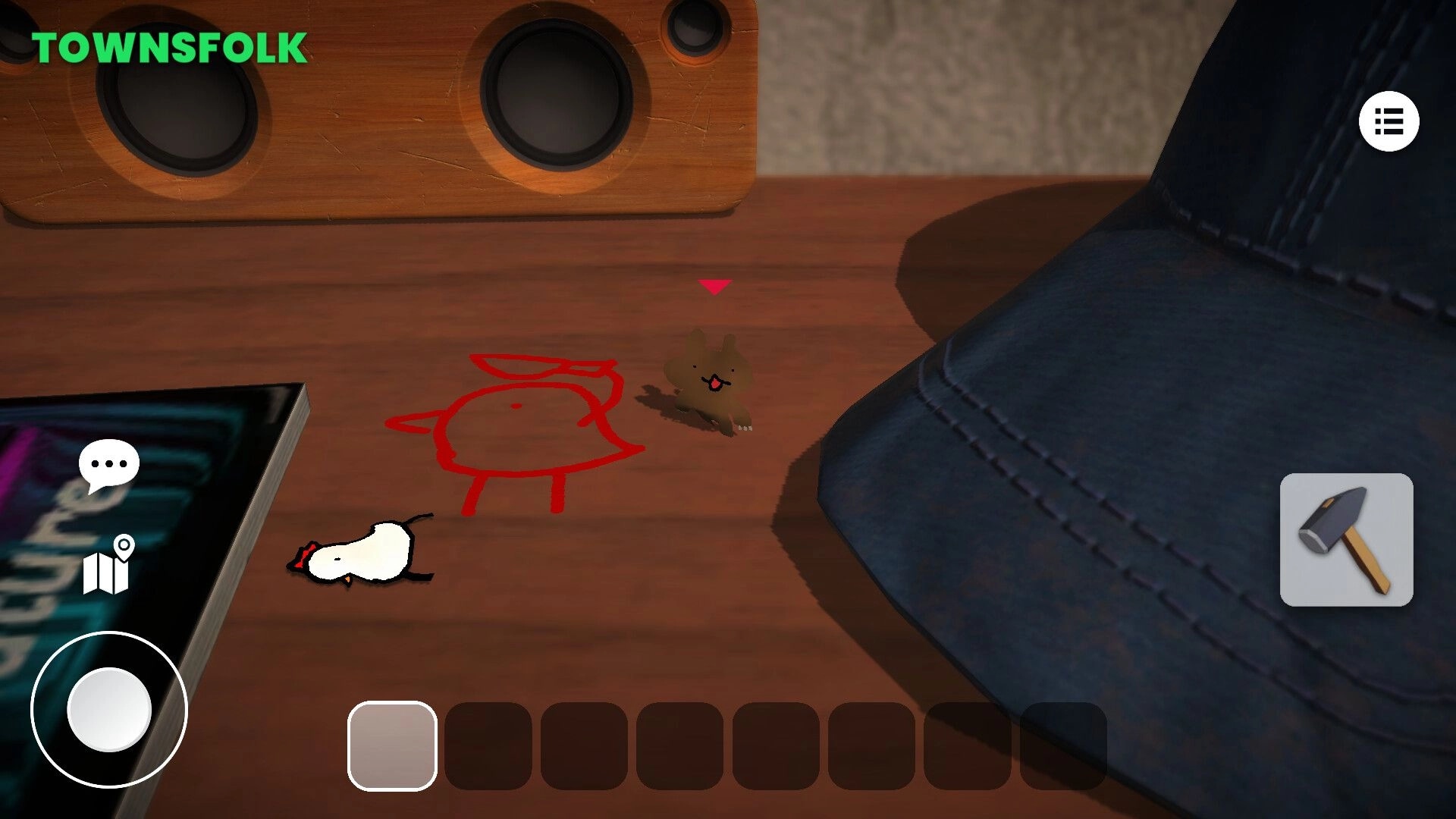 Scribble Wolf: Tiny critter beside red doodle on wooden desk with joystick, hat, and UI icons.