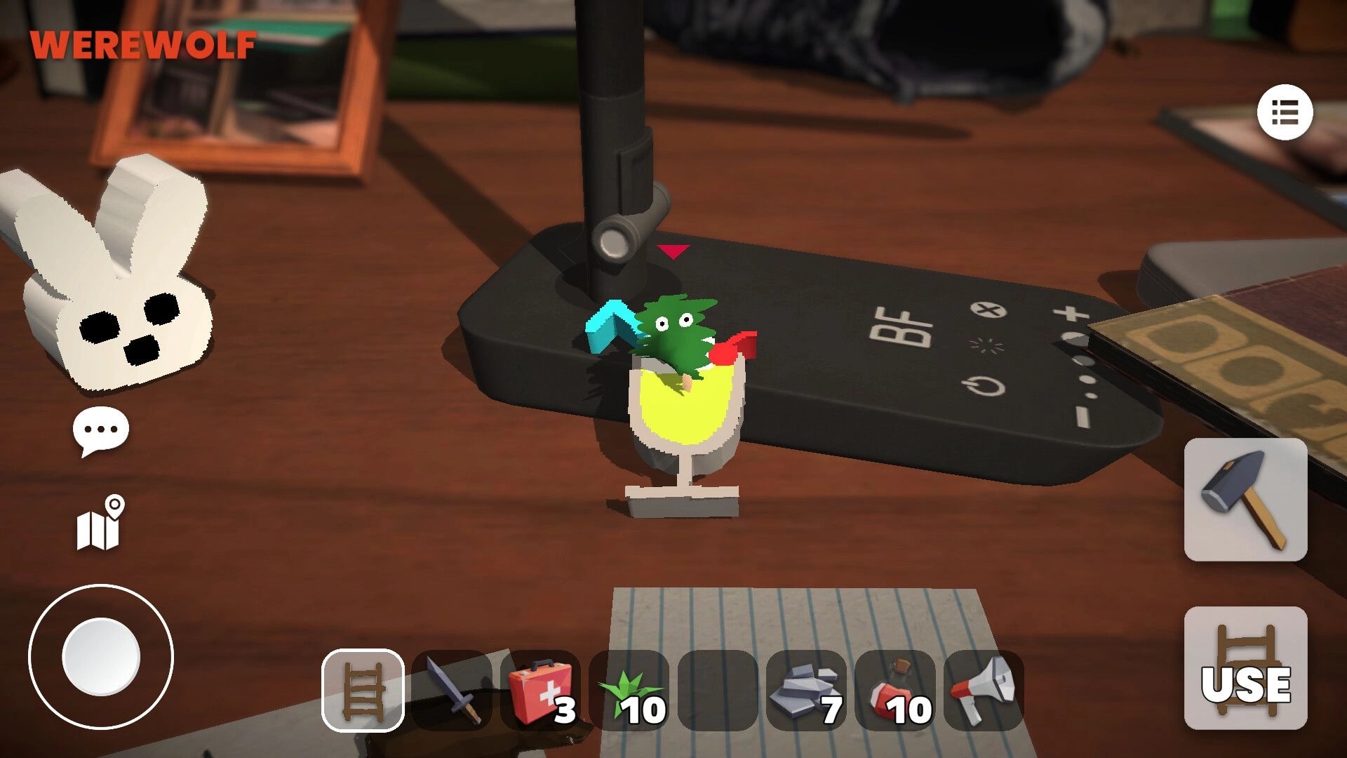 Scribble Wolf: Werewolf role HUD over drawn chicken avatar on desk with remote, hammer, and items UI.