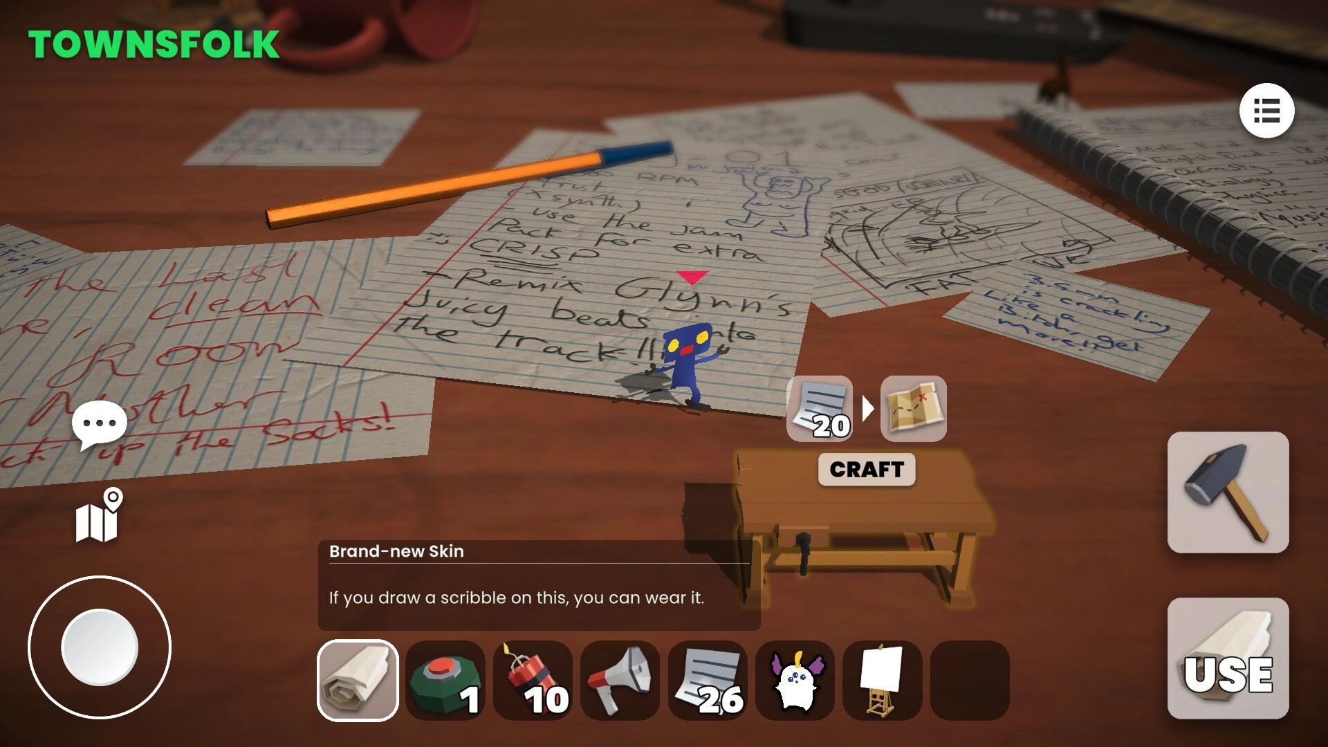 Scribble Wolf: Craft prompt over scribbled note cards on desk, pencil and item hotbar UI visible.