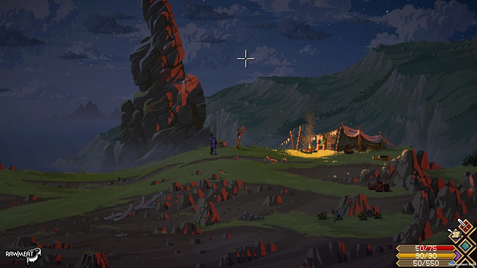 Scribe RPG: Adventurer stands near a glowing campfire tent on a rocky hill under a night sky.
